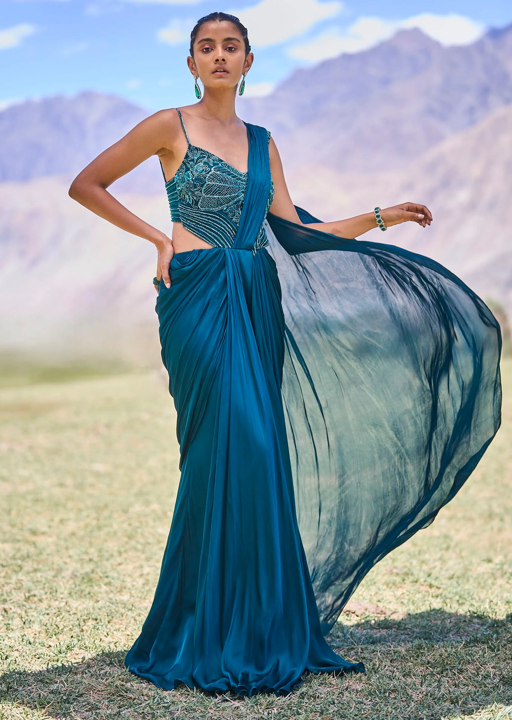 Teal Green Embroidered Drape Gown With Pleated Tassel Pallu - Image 3