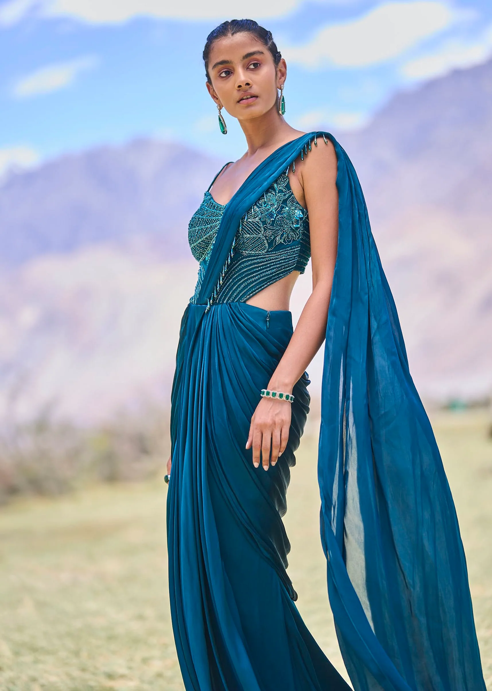 Teal Green Embroidered Drape Gown With Pleated Tassel Pallu - Image 4