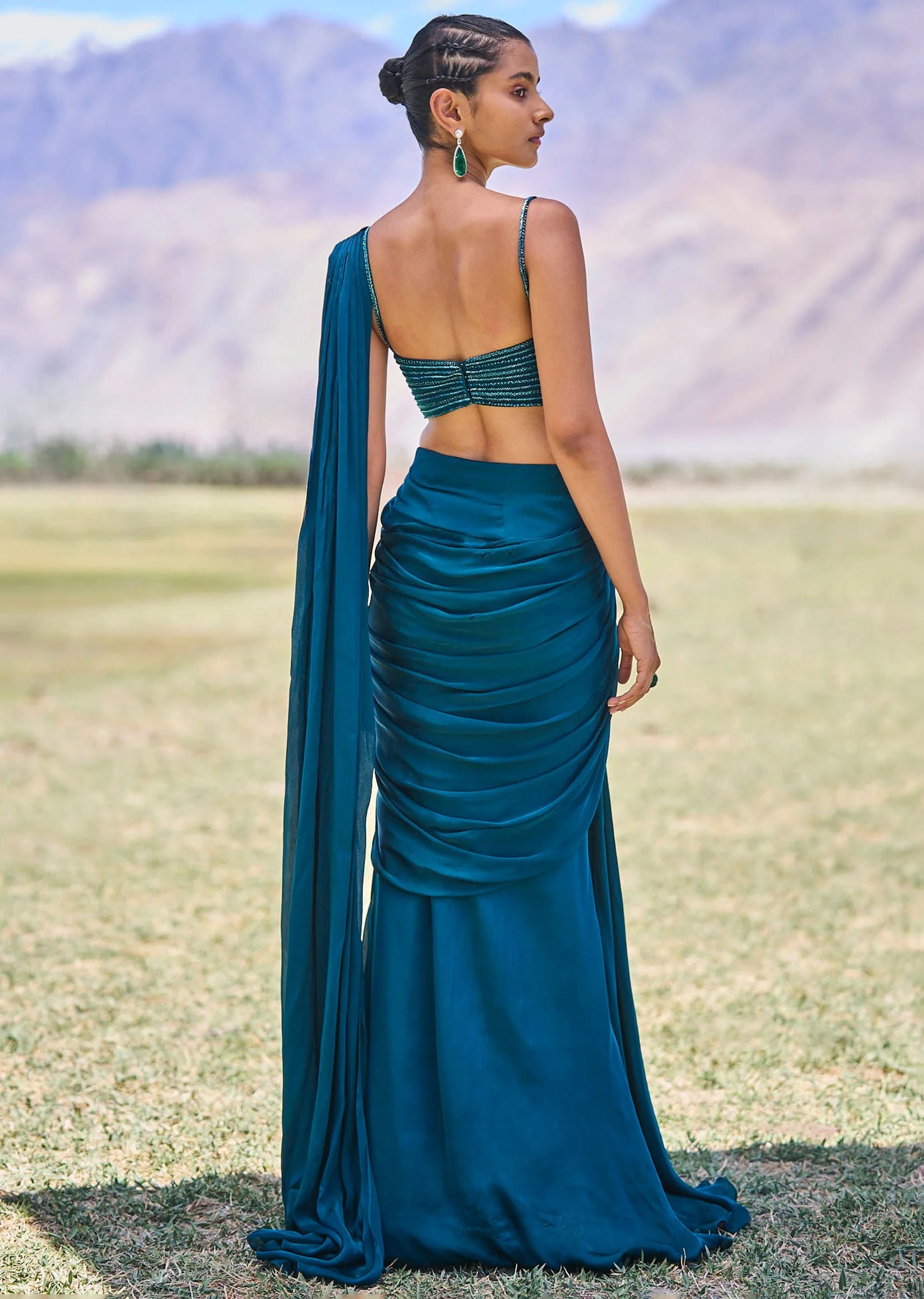 Teal Green Embroidered Drape Gown With Pleated Tassel Pallu - Image 5