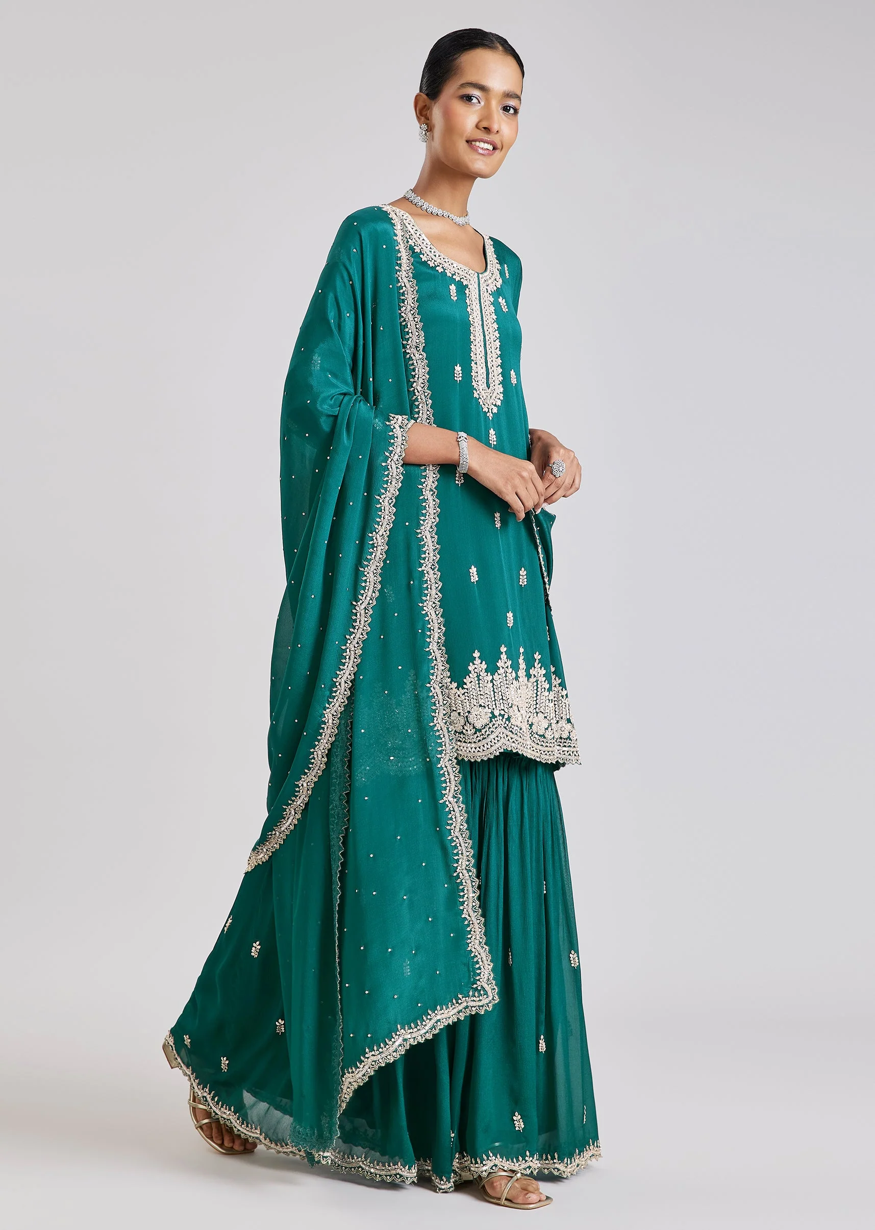 Teal Green Embroidered Sharara Set - Image 3