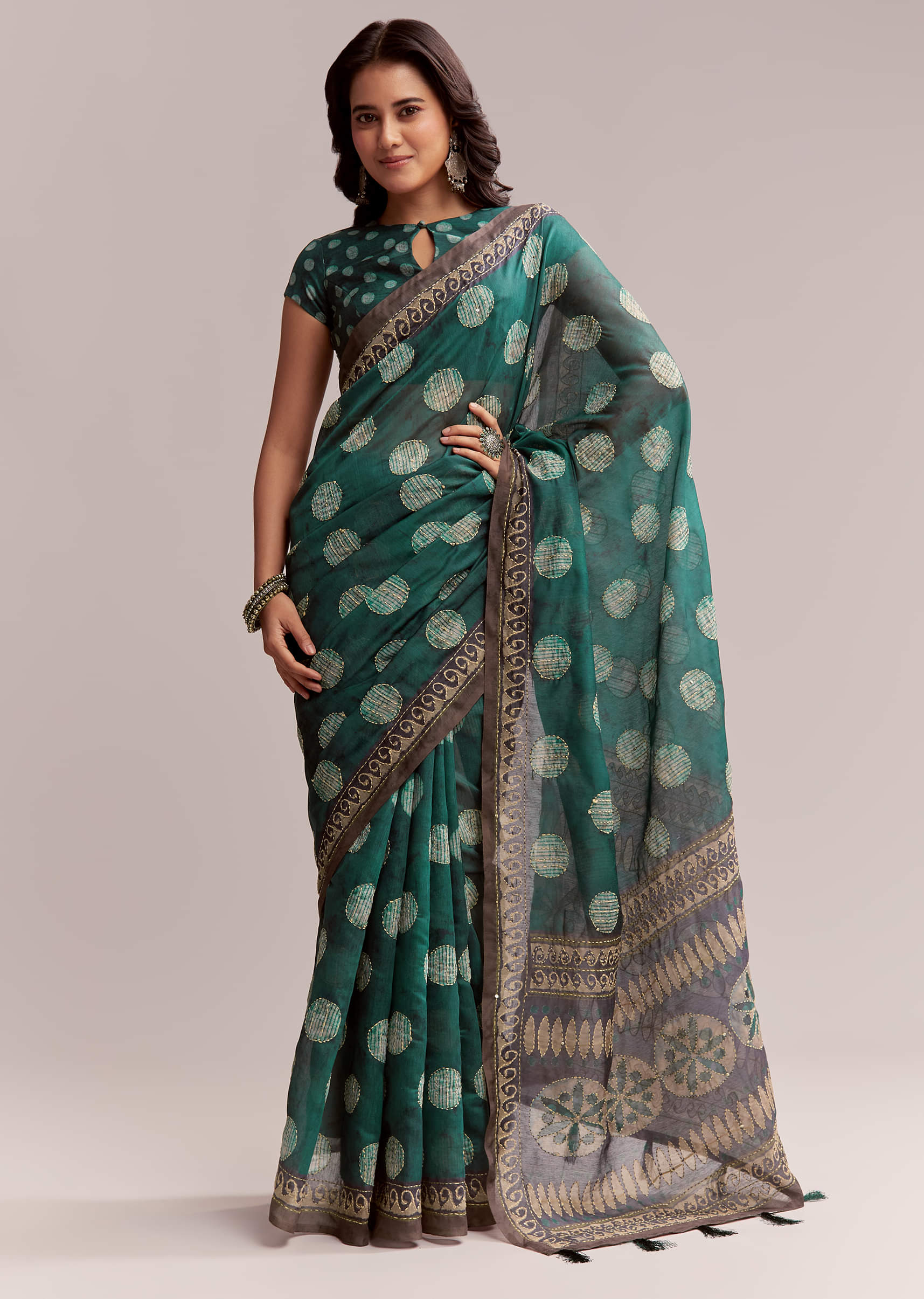 Teal Green Linen Printed Saree With Handcrafted Ajrakh Work - Image 3