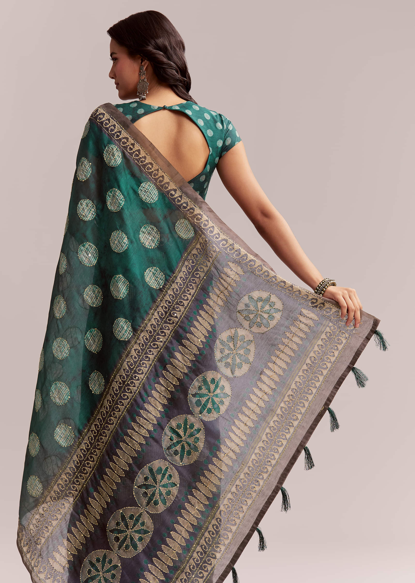 Teal Green Linen Printed Saree With Handcrafted Ajrakh Work - Image 6