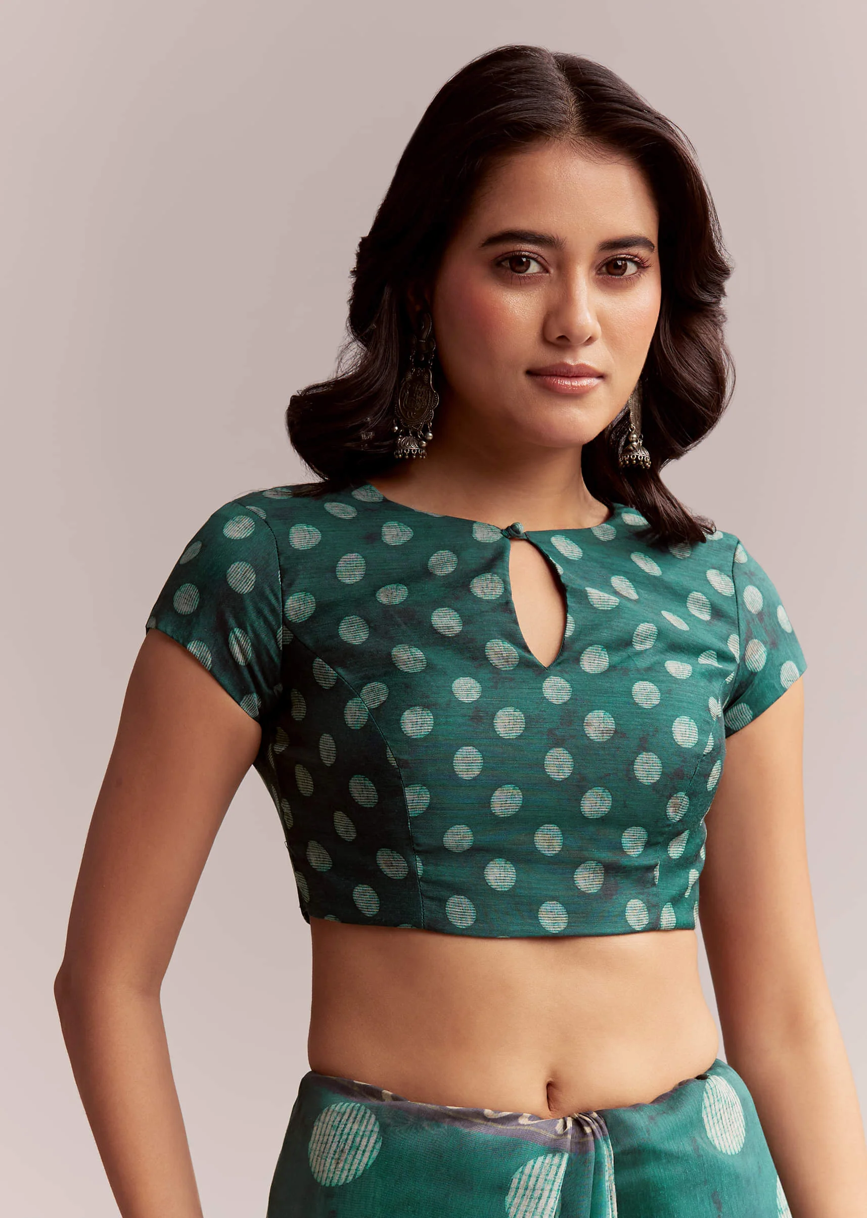 Teal Green Linen Printed Saree With Handcrafted Ajrakh Work - Image 7