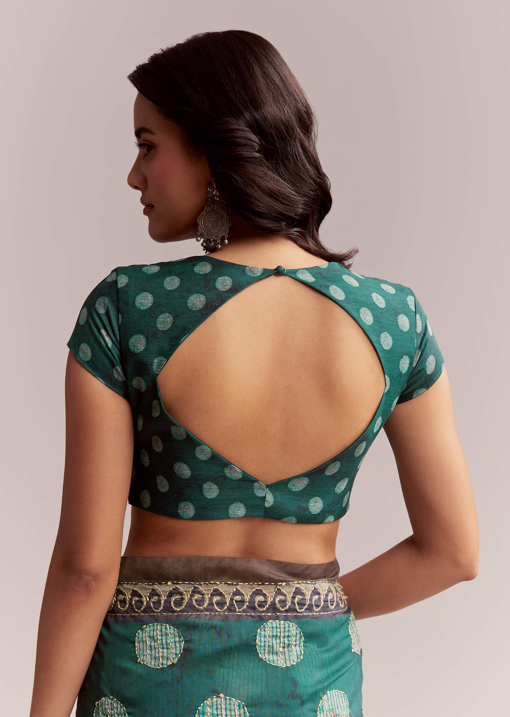 Teal Green Linen Printed Saree With Handcrafted Ajrakh Work - Image 8