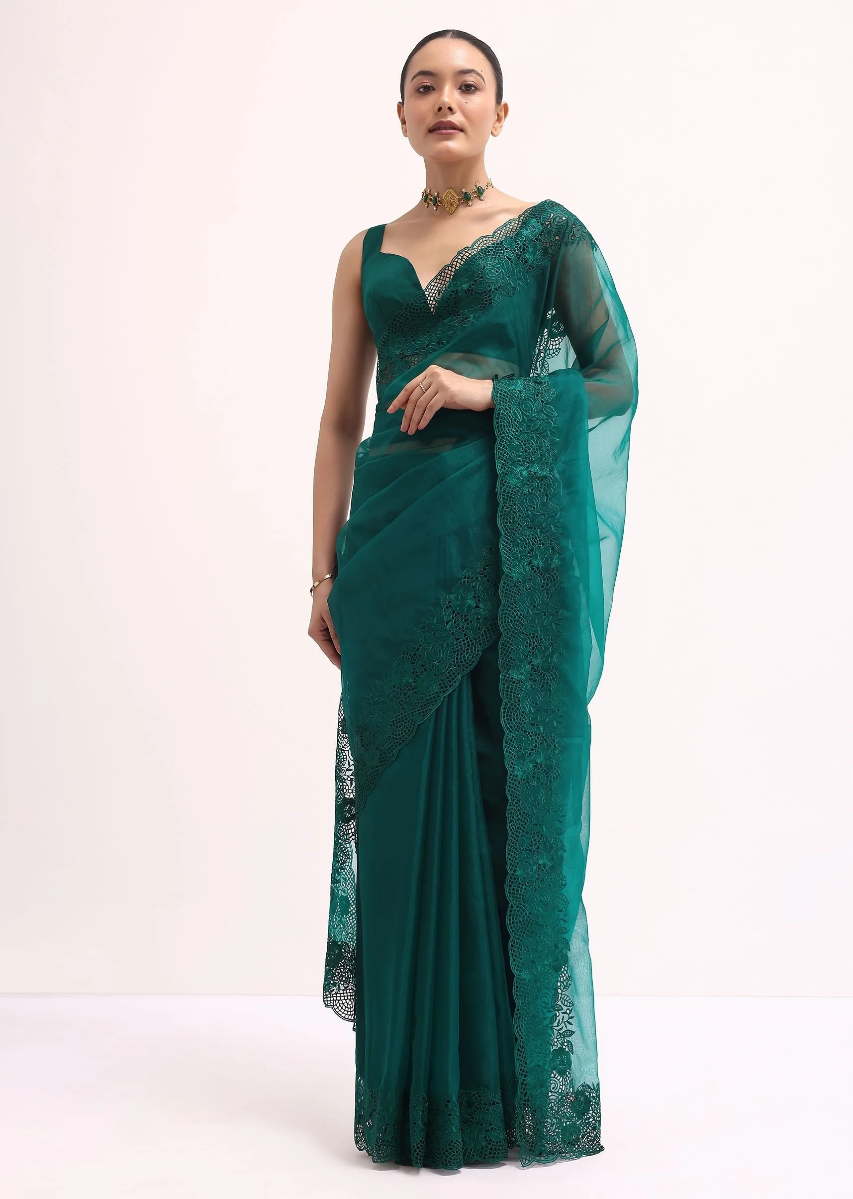 Teal Green Organza Saree With Unstitched Blouse - Image 2