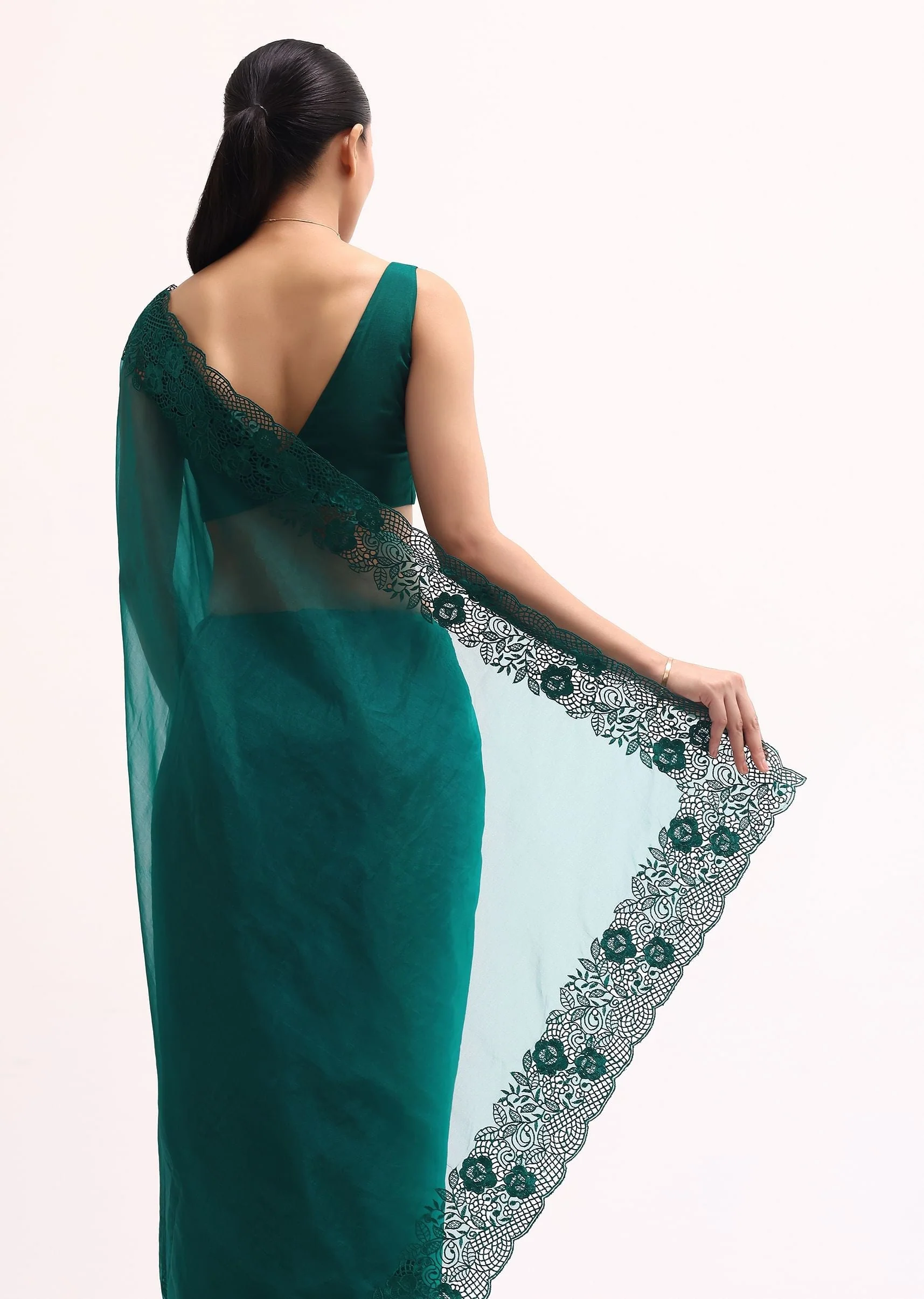 Teal Green Organza Saree With Unstitched Blouse - Image 6