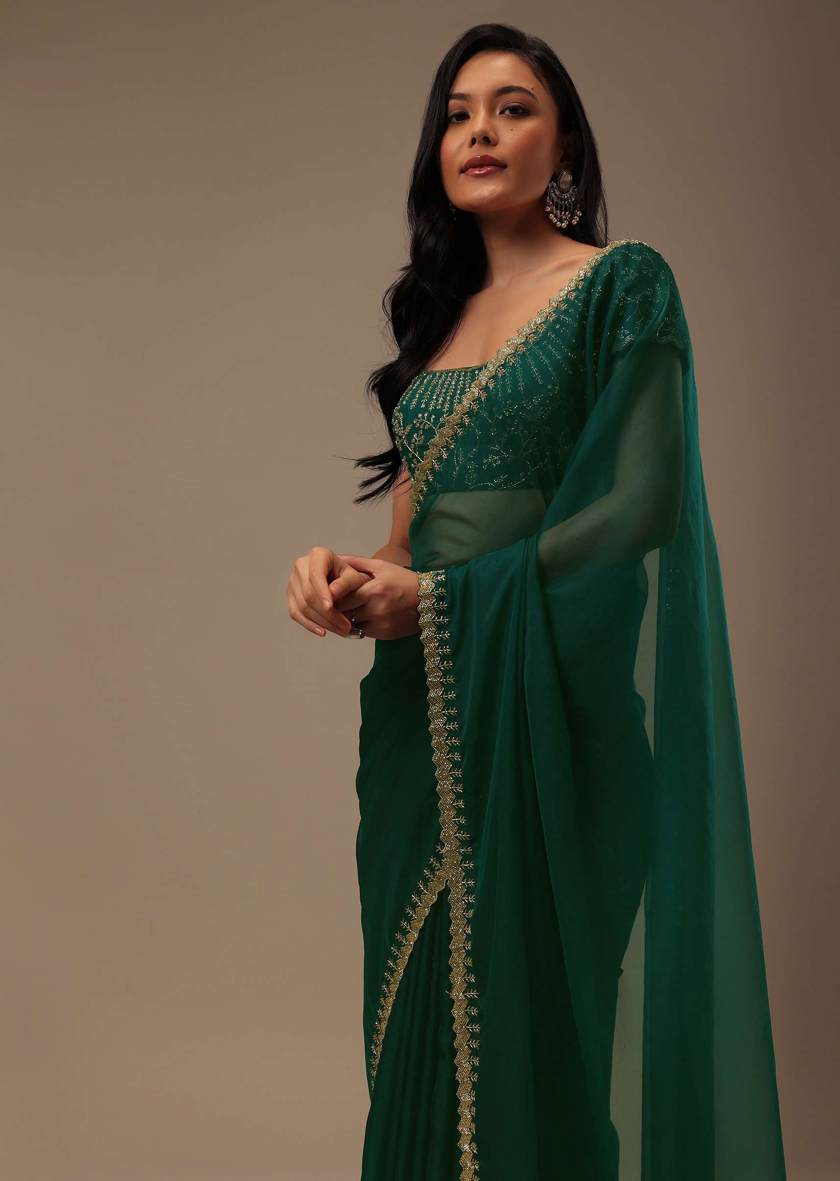 Teal Green Plain Organza Saree With Heavy Cut Dana Work - Image 2
