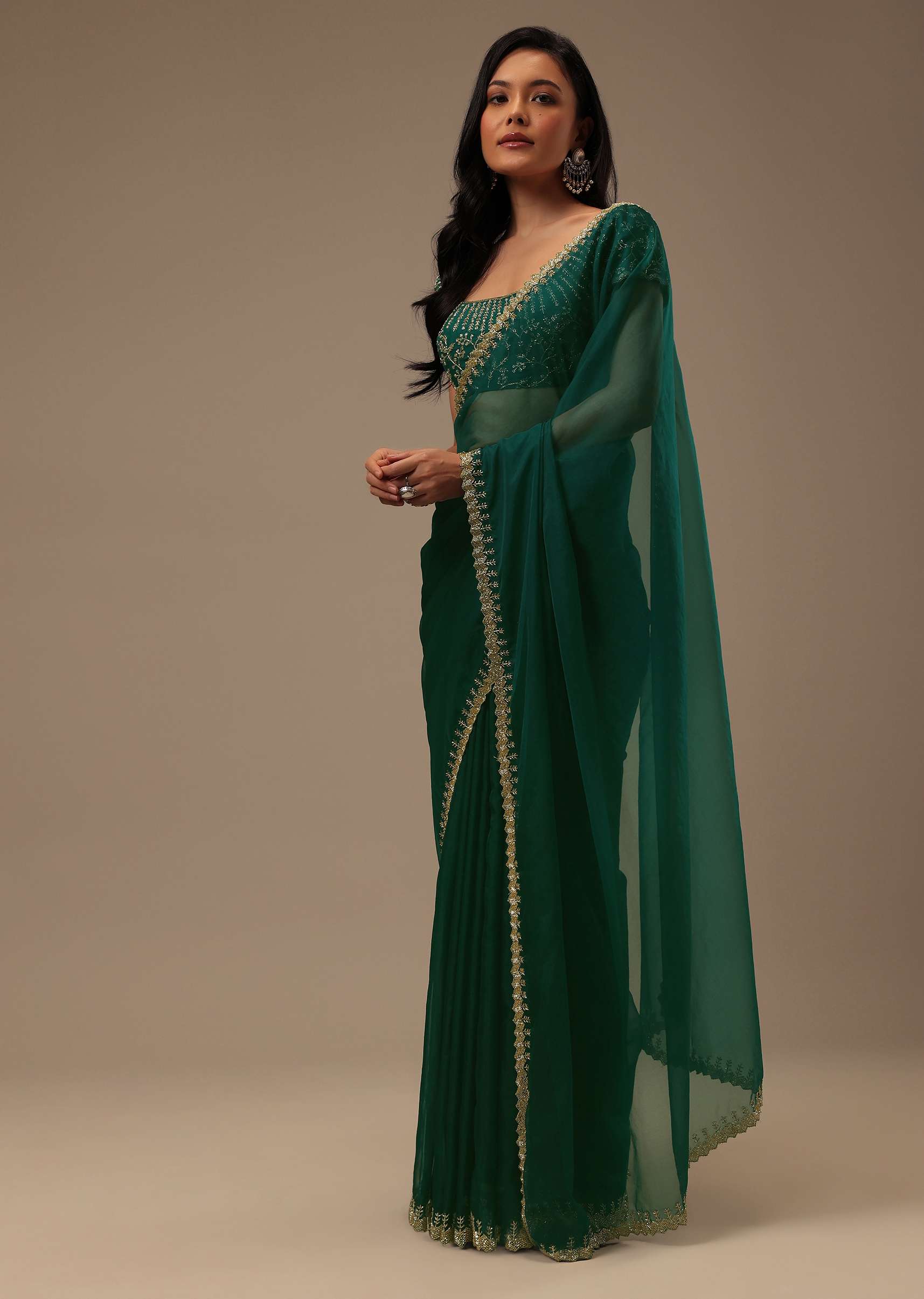 Teal Green Plain Organza Saree With Heavy Cut Dana Work - Image 3