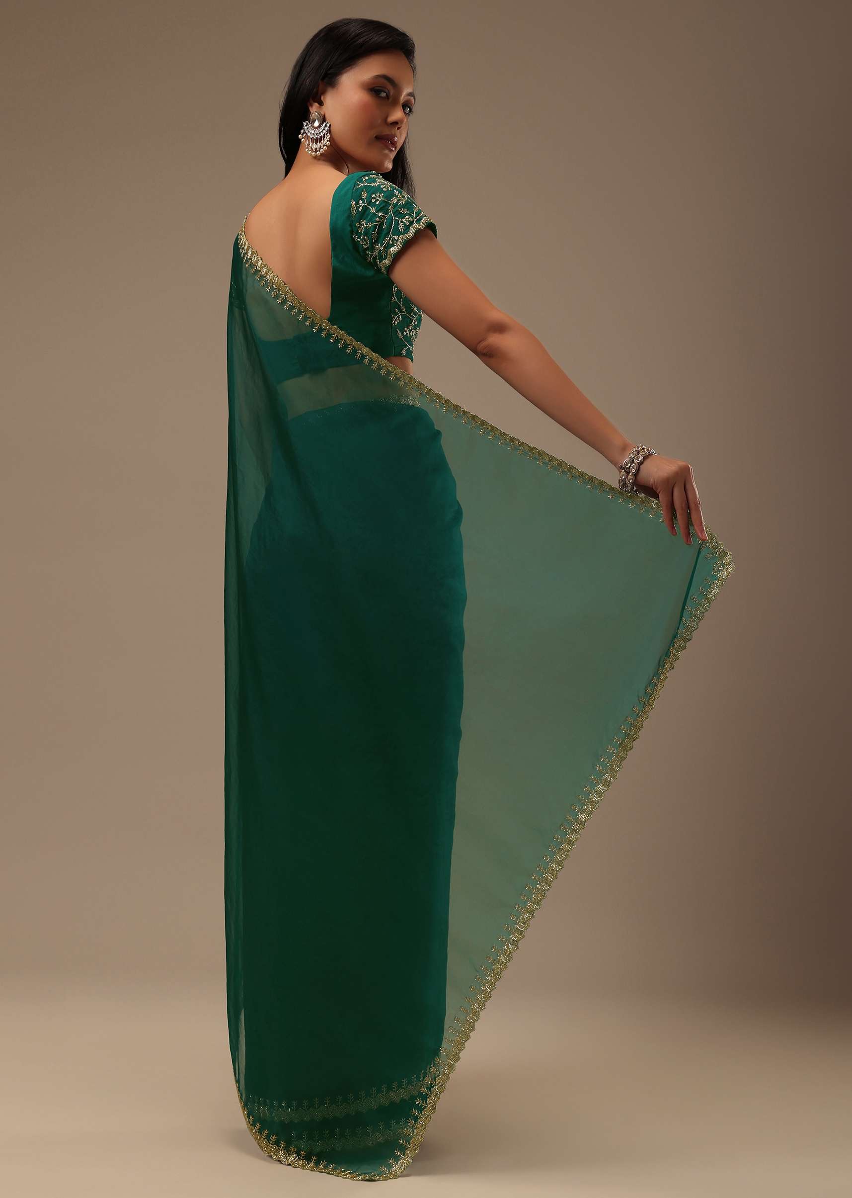 Teal Green Plain Organza Saree With Heavy Cut Dana Work - Image 5