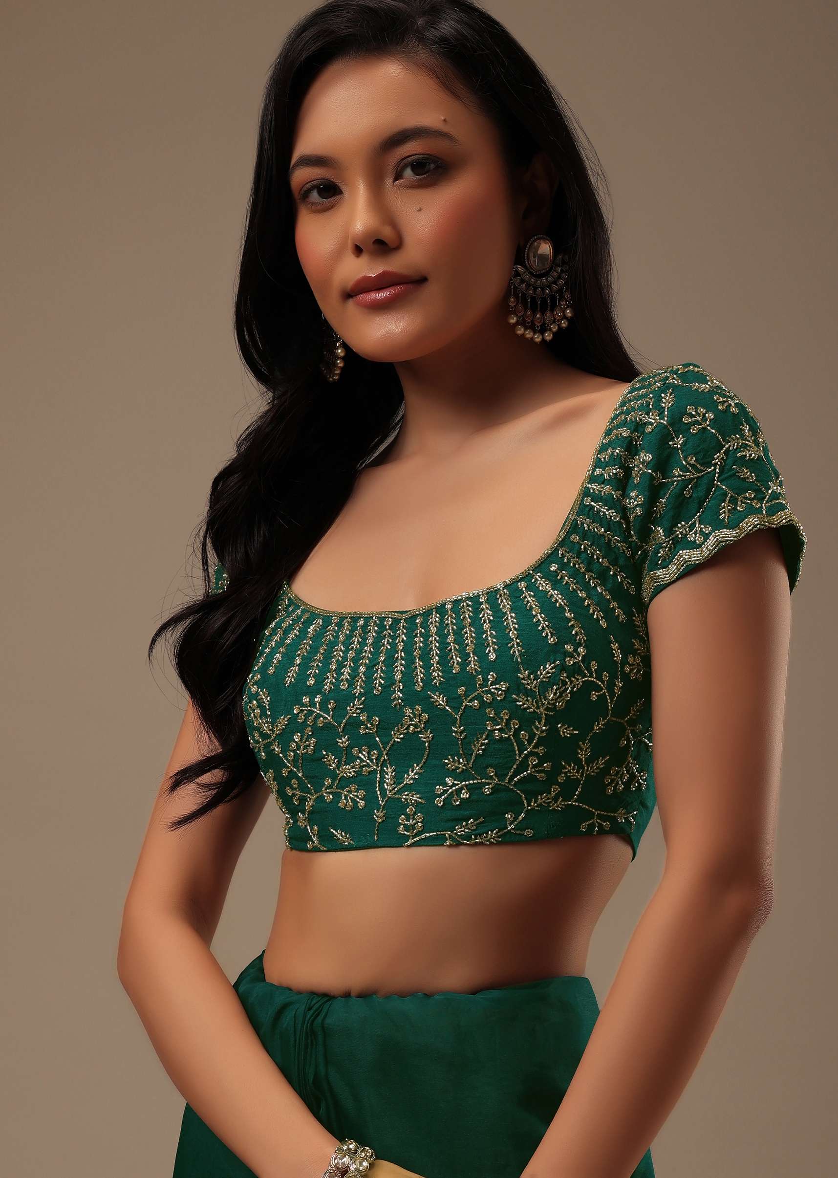 Teal Green Plain Organza Saree With Heavy Cut Dana Work - Image 6