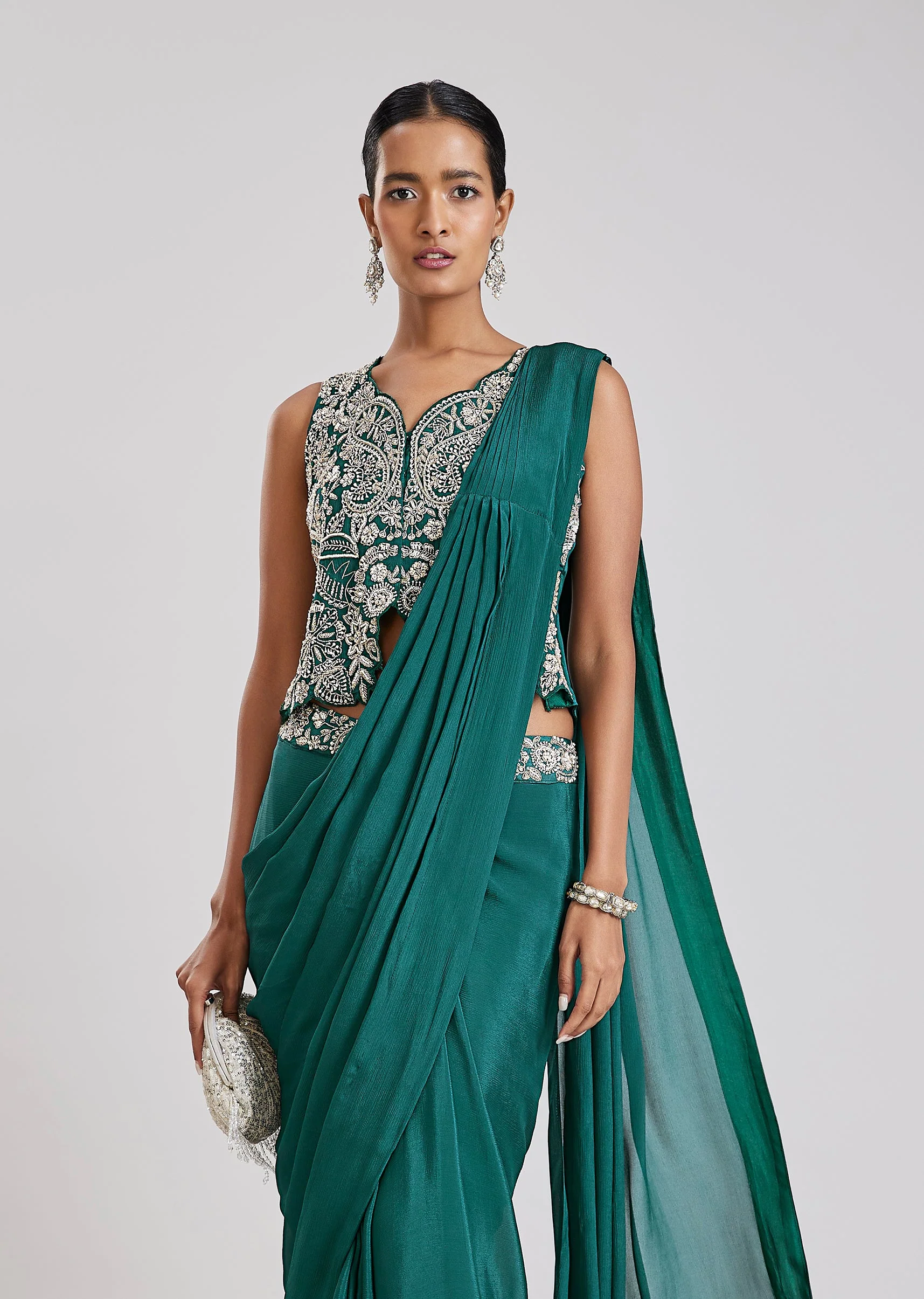 Teal Green Ready Pleated Saree With Stitched Blouse - Image 2