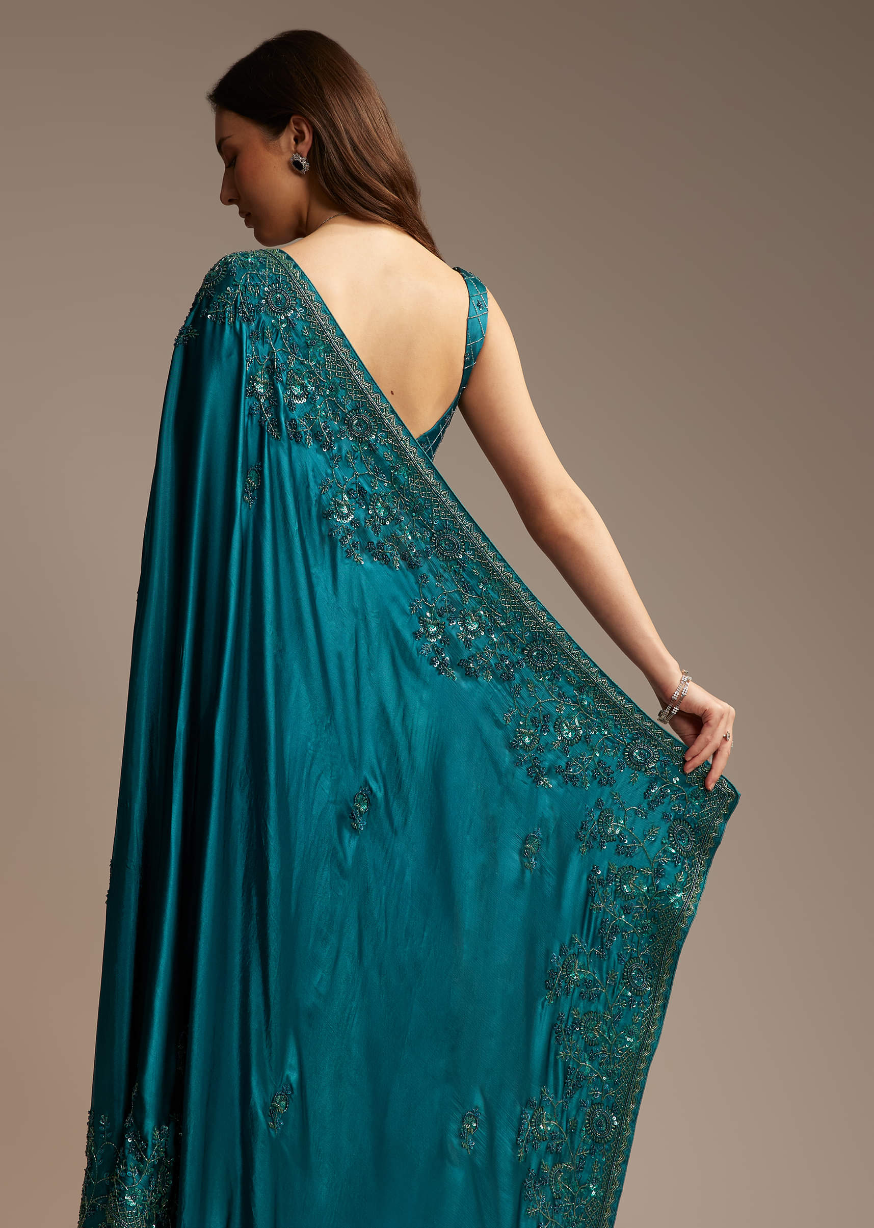 Teal Green Satin Chinon Saree with Floral Embroidery - Image 3