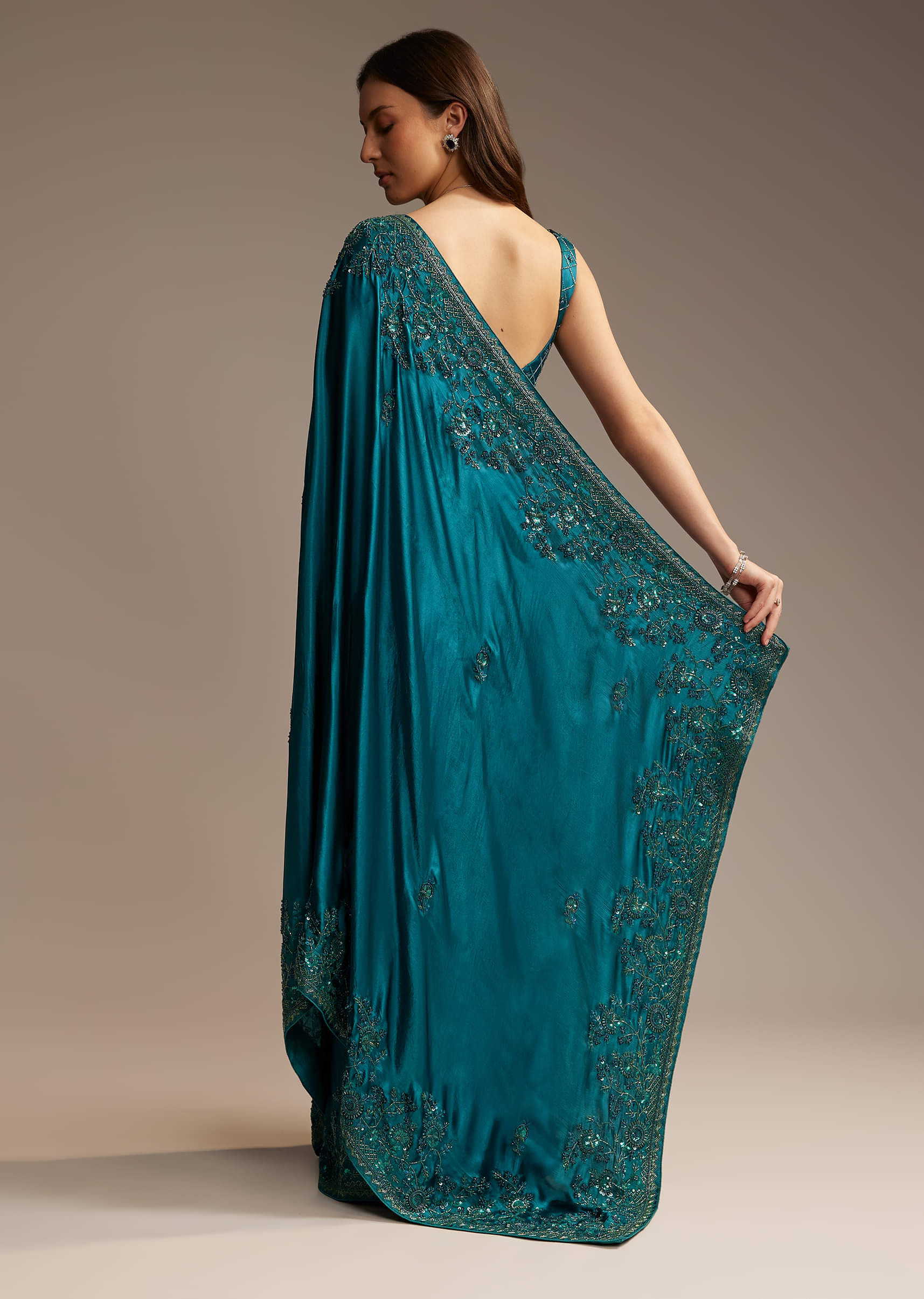 Teal Green Satin Chinon Saree with Floral Embroidery - Image 5