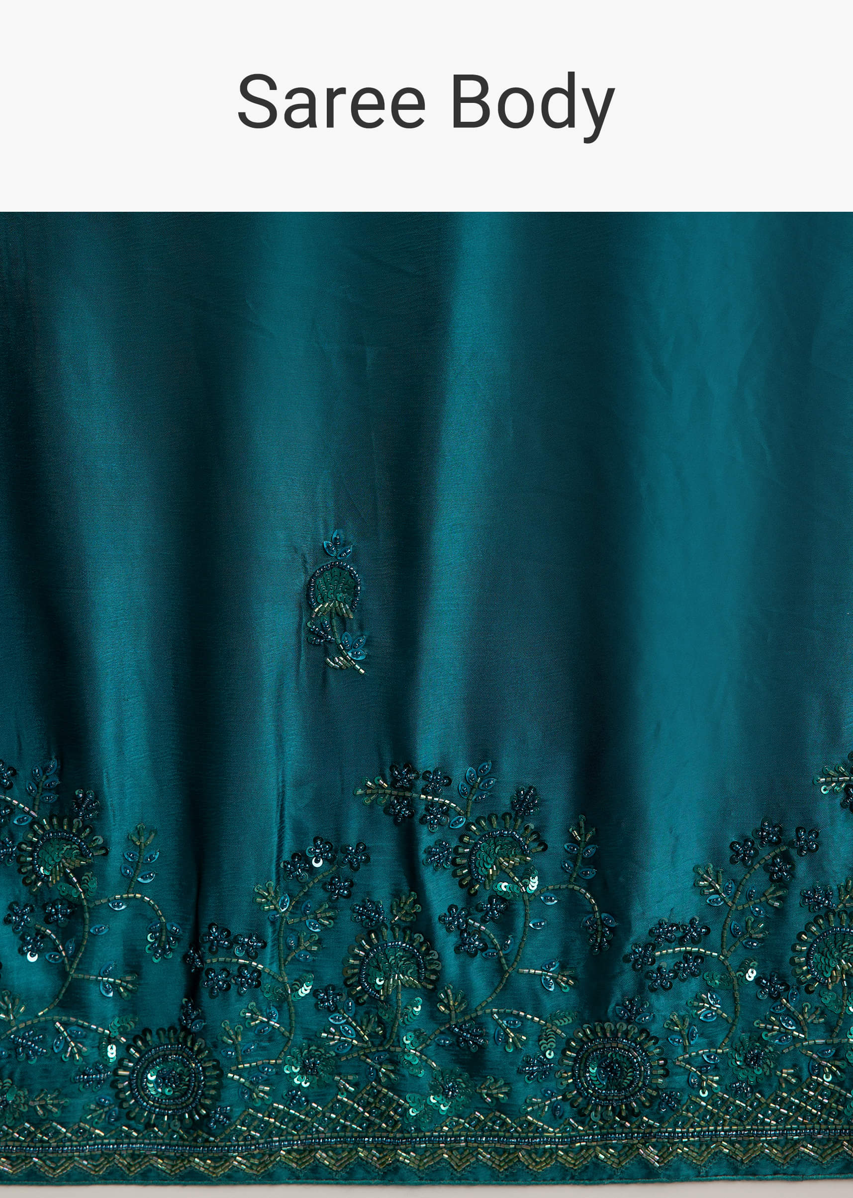 Teal Green Satin Chinon Saree with Floral Embroidery - Image 8