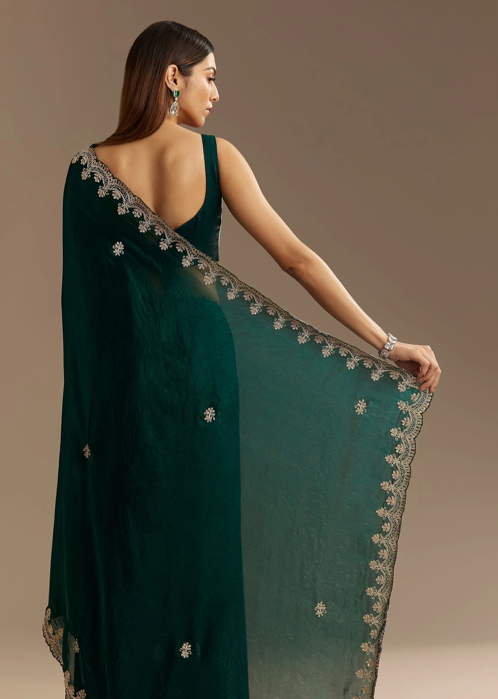 Teal Green Satin Saree With Zardosi Embroidery And Scallop Border - Image 4