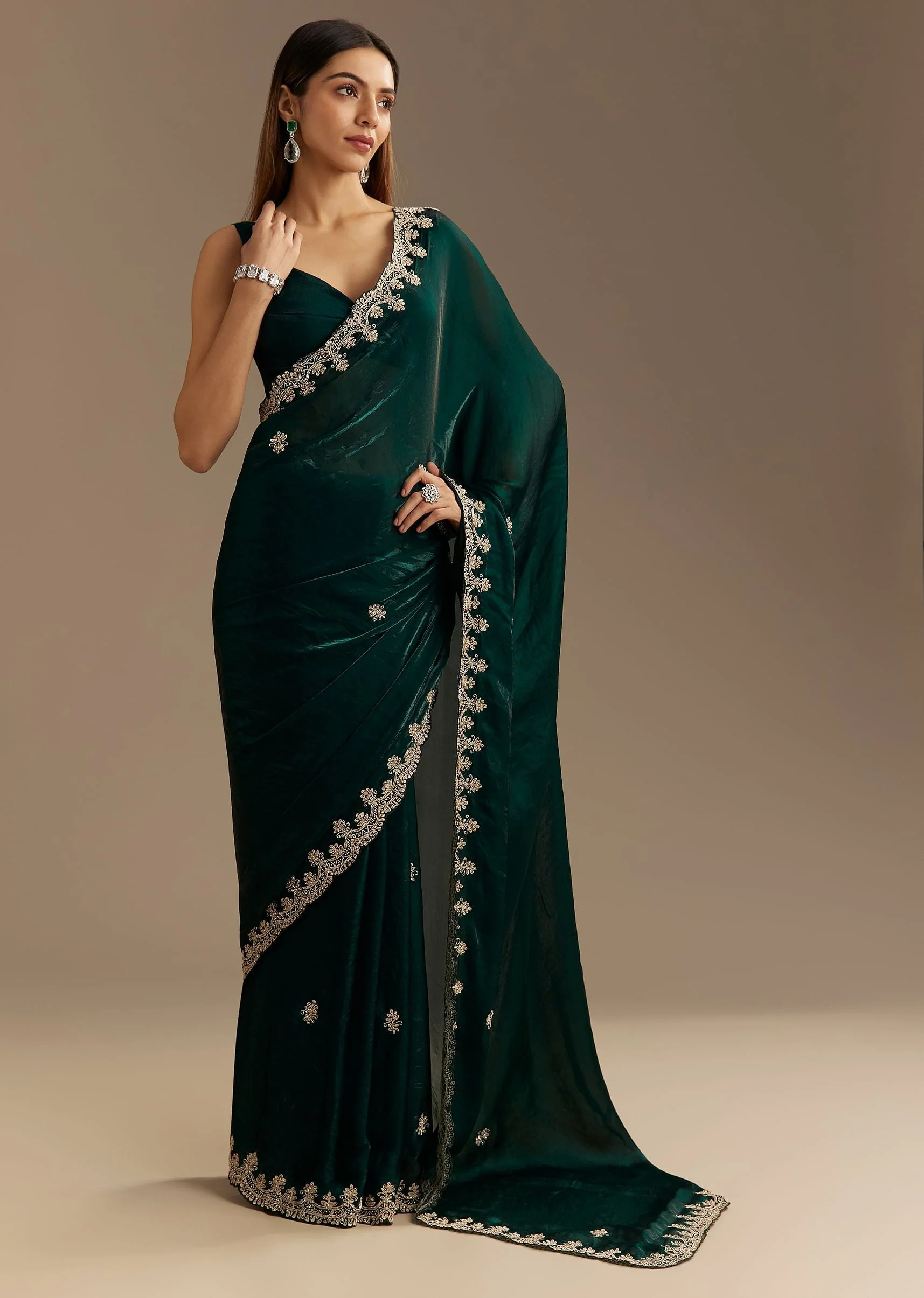 Teal Green Satin Saree With Zardosi Embroidery And Scallop Border - Image 5