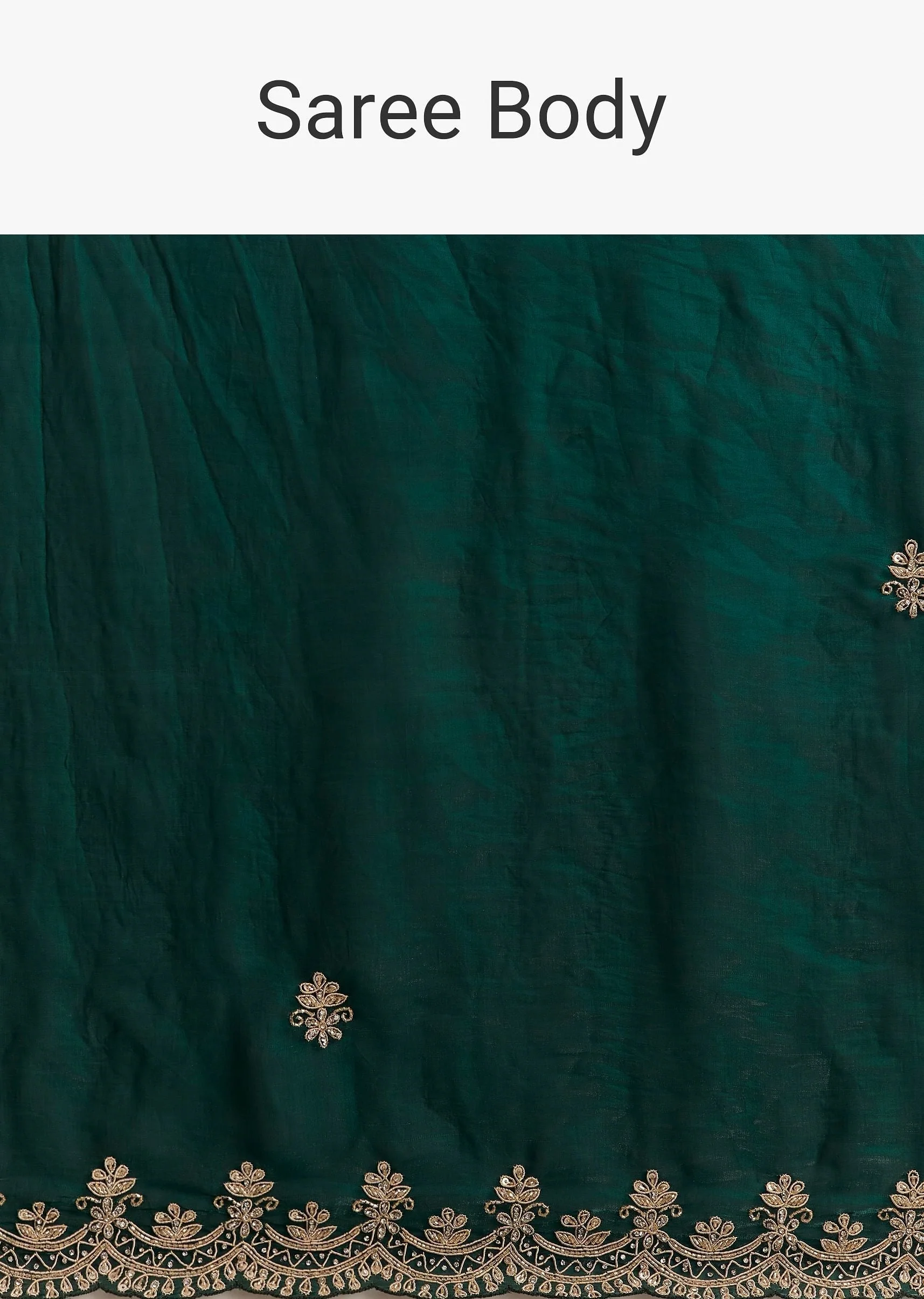 Teal Green Satin Saree With Zardosi Embroidery And Scallop Border - Image 9