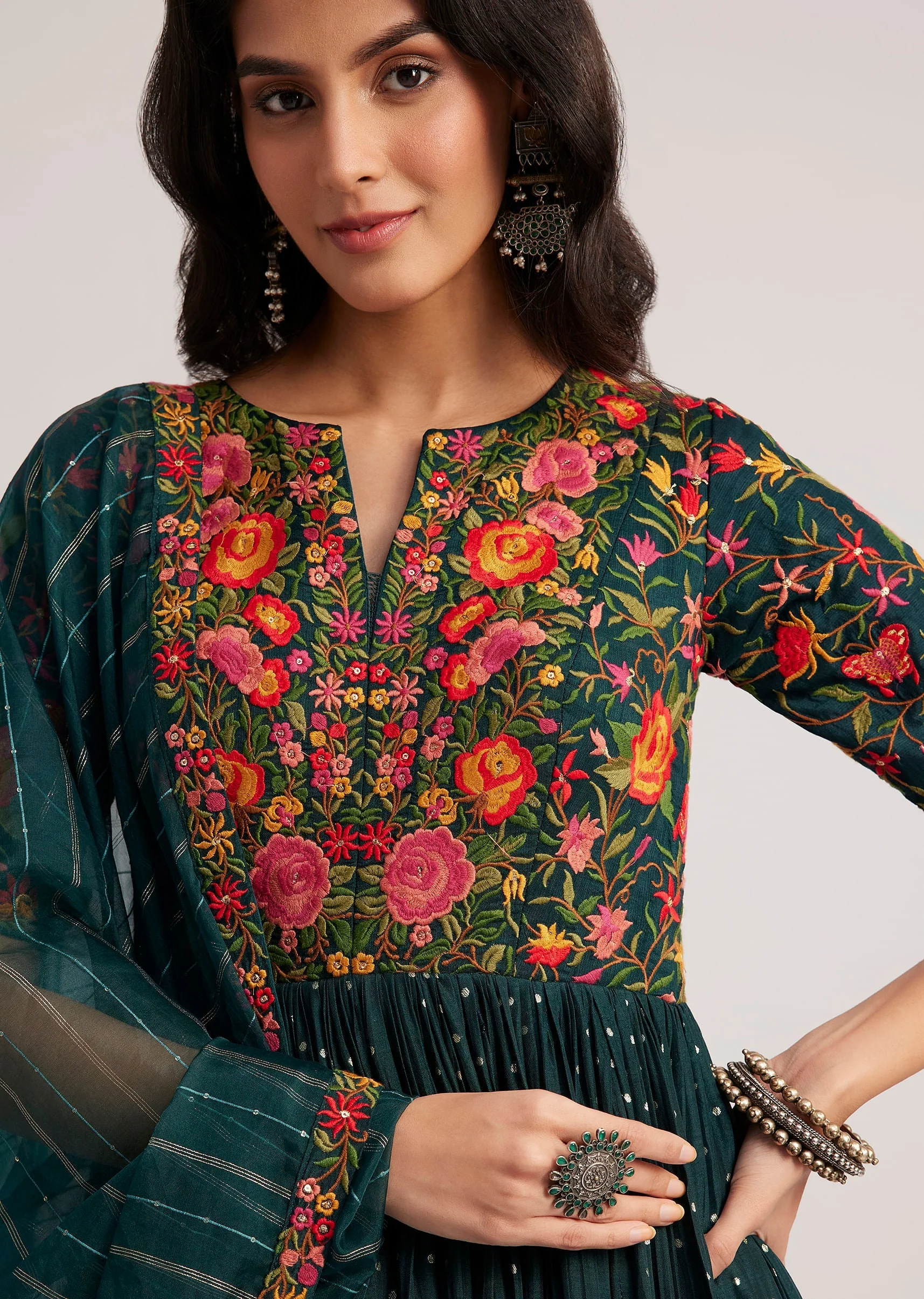 Teal Green Silk Bandhani Anarkali With Organza Dupatta - Image 2