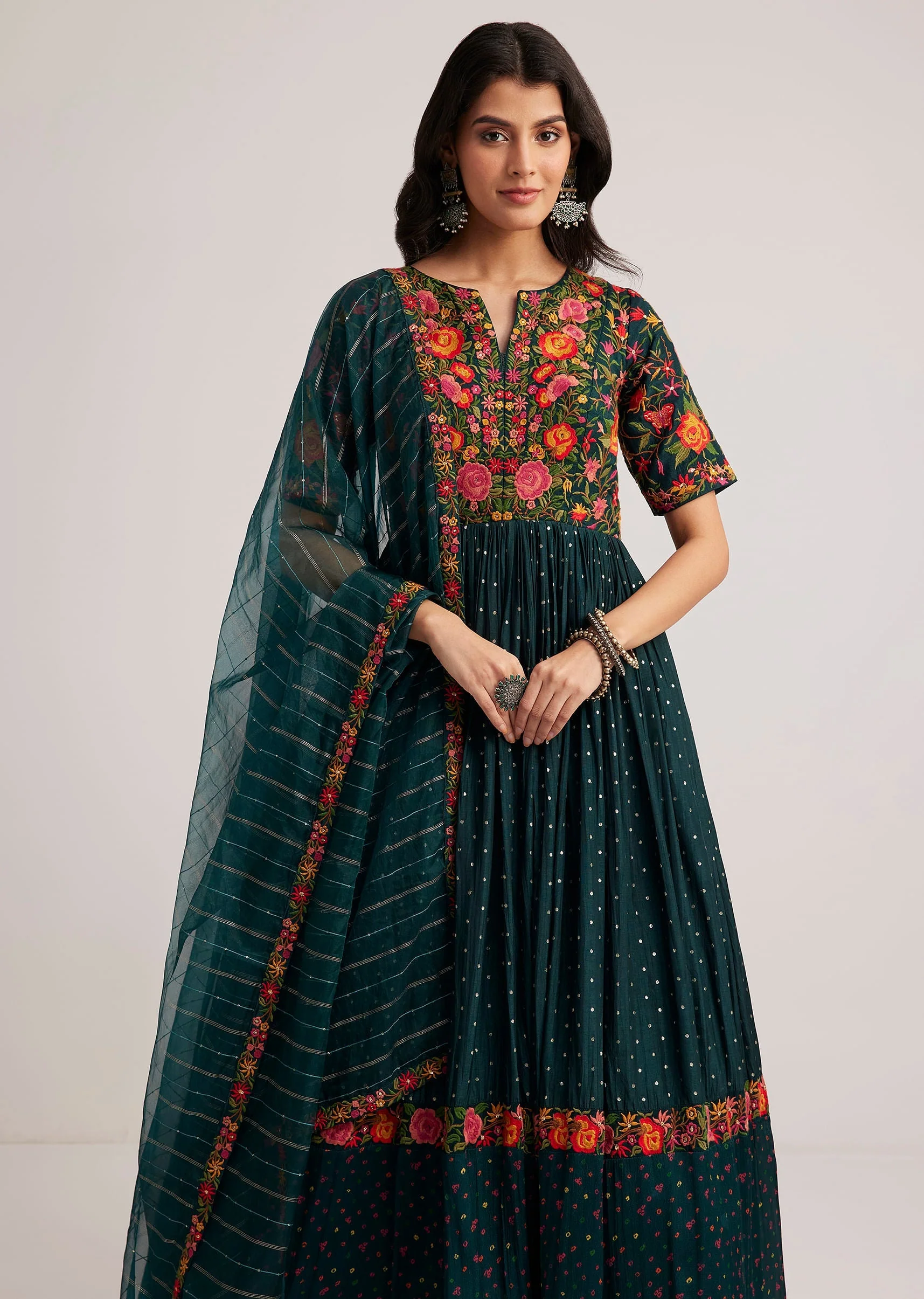 Teal Green Silk Bandhani Anarkali With Organza Dupatta - Image 4