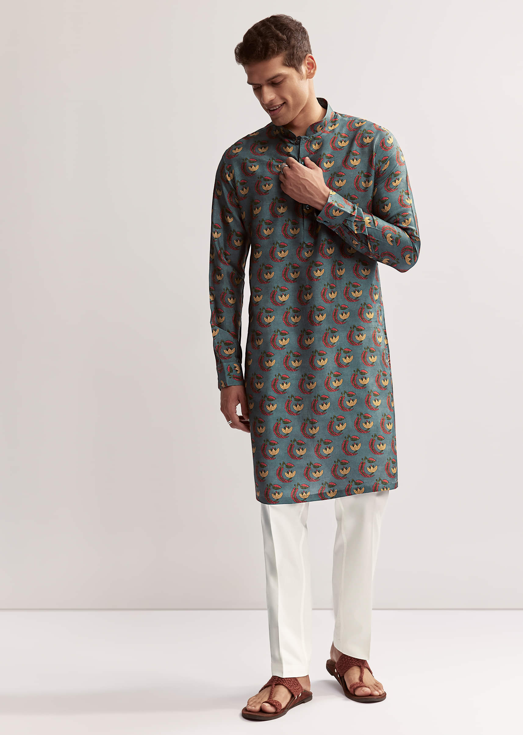Teal Green Silk Printed Kurta For Men - Image 7