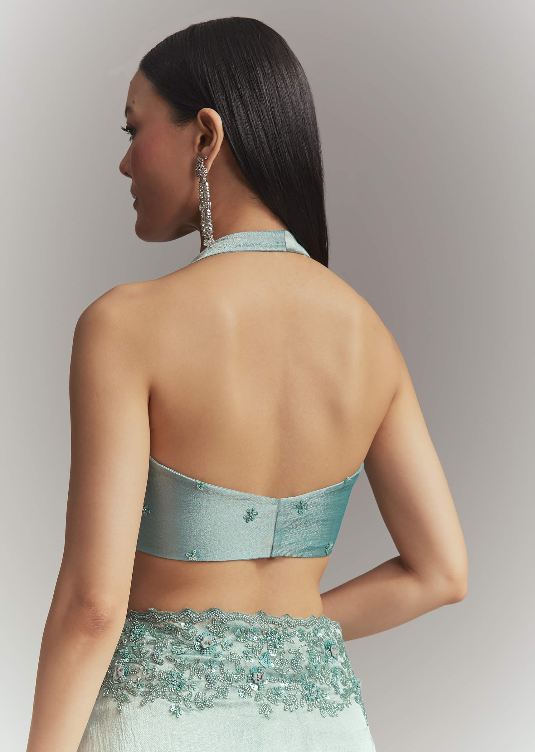 Teal Green Tissue Embroidered Saree With Heavy Hand Embroidery - Image 8