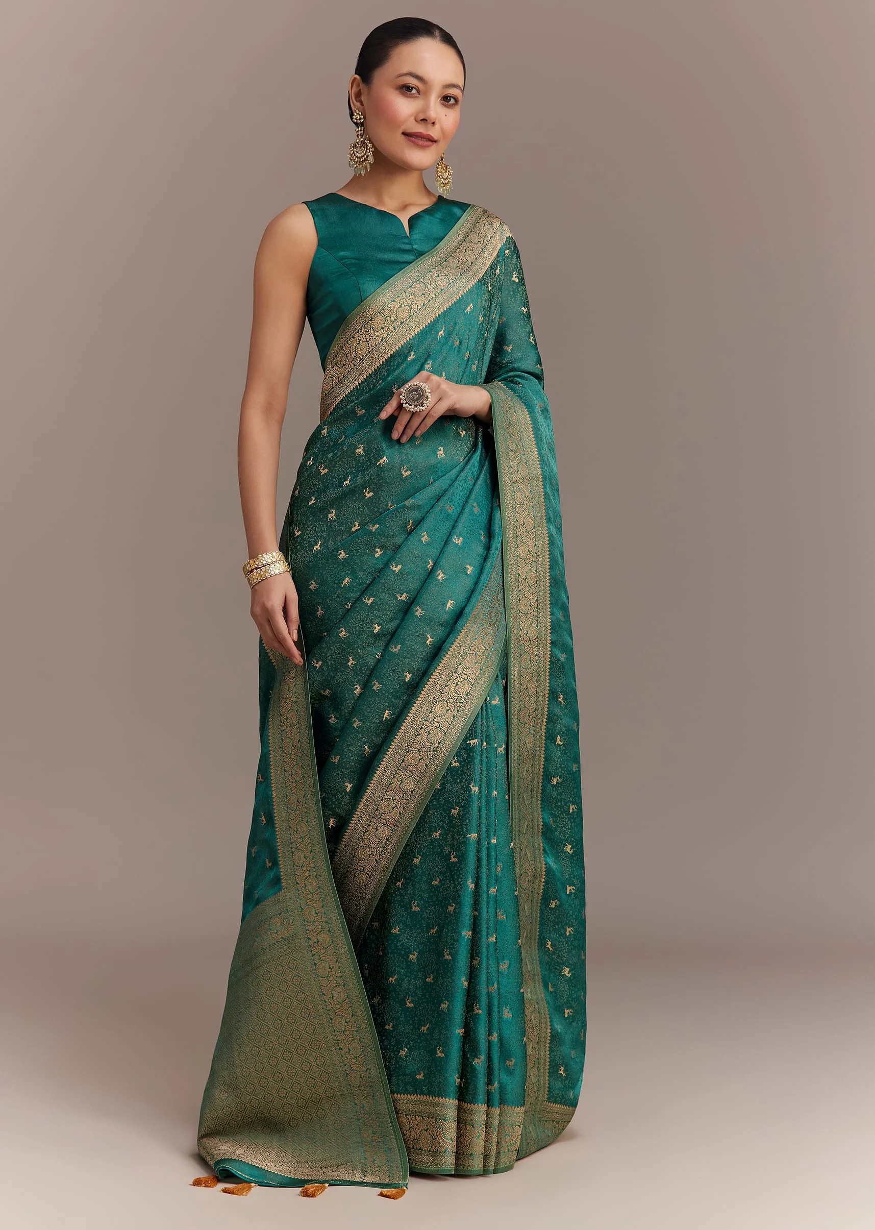 Teal Green Tissue Silk Saree With Zari Border Butti And Pallu - Image 2