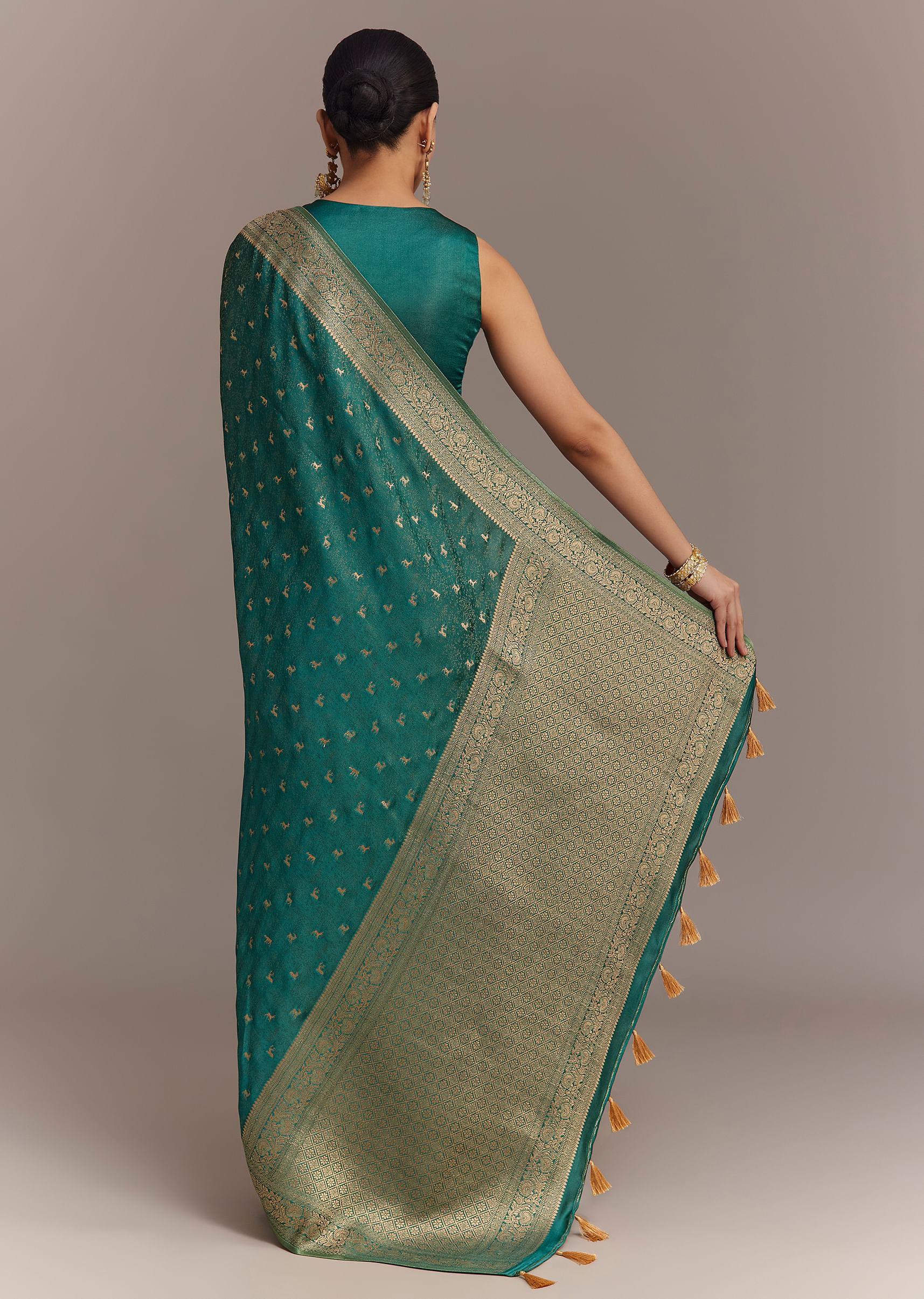Teal Green Tissue Silk Saree With Zari Border Butti And Pallu - Image 6