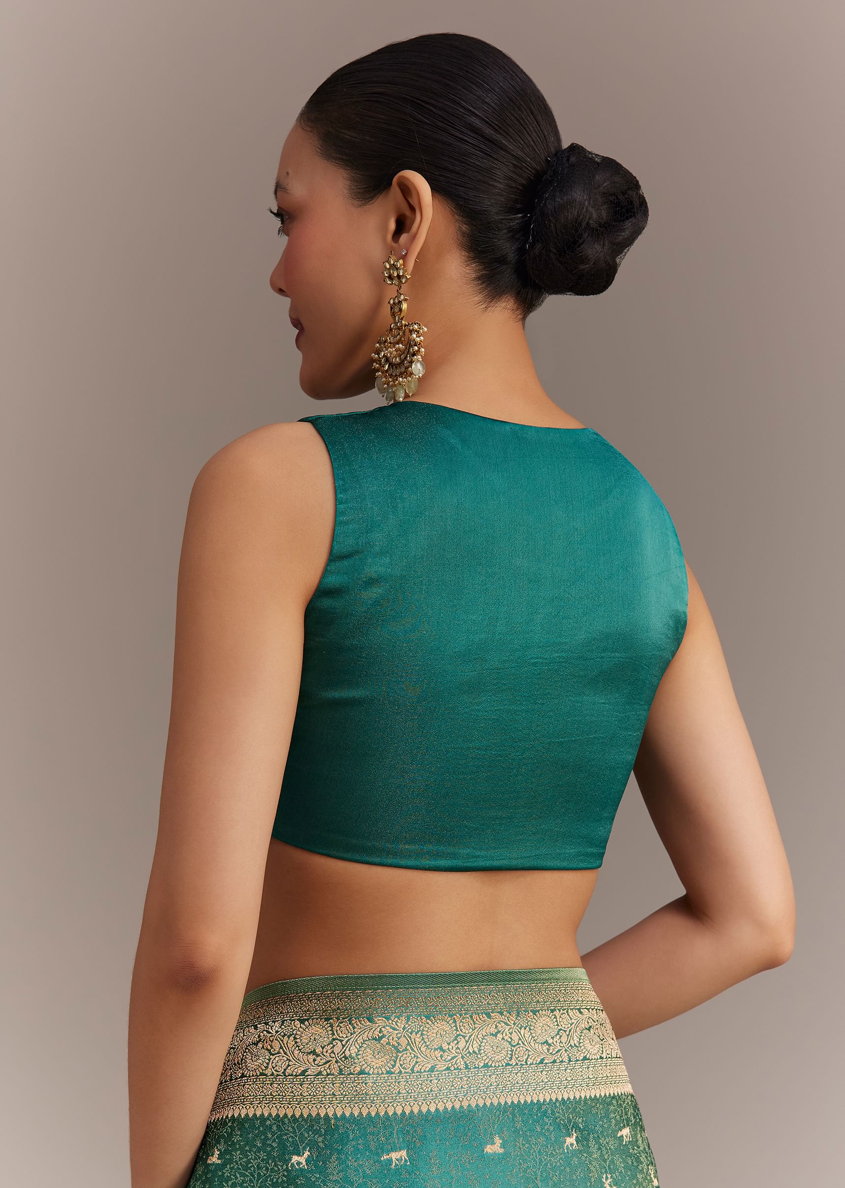 Teal Green Tissue Silk Saree With Zari Border Butti And Pallu - Image 8