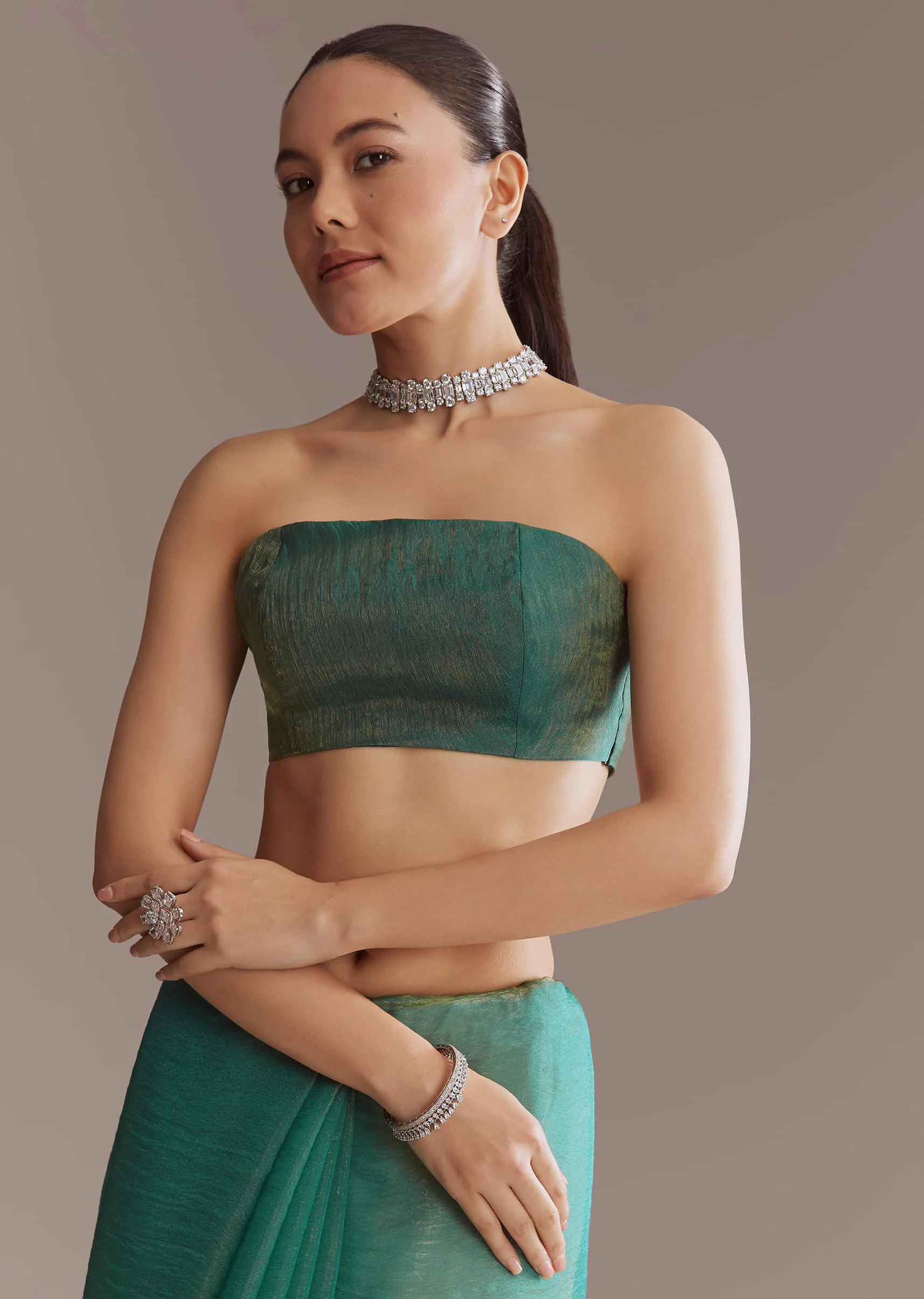 Teal Green Two Tone Tissue Saree With Sequin And Stone Embroidery - Image 6