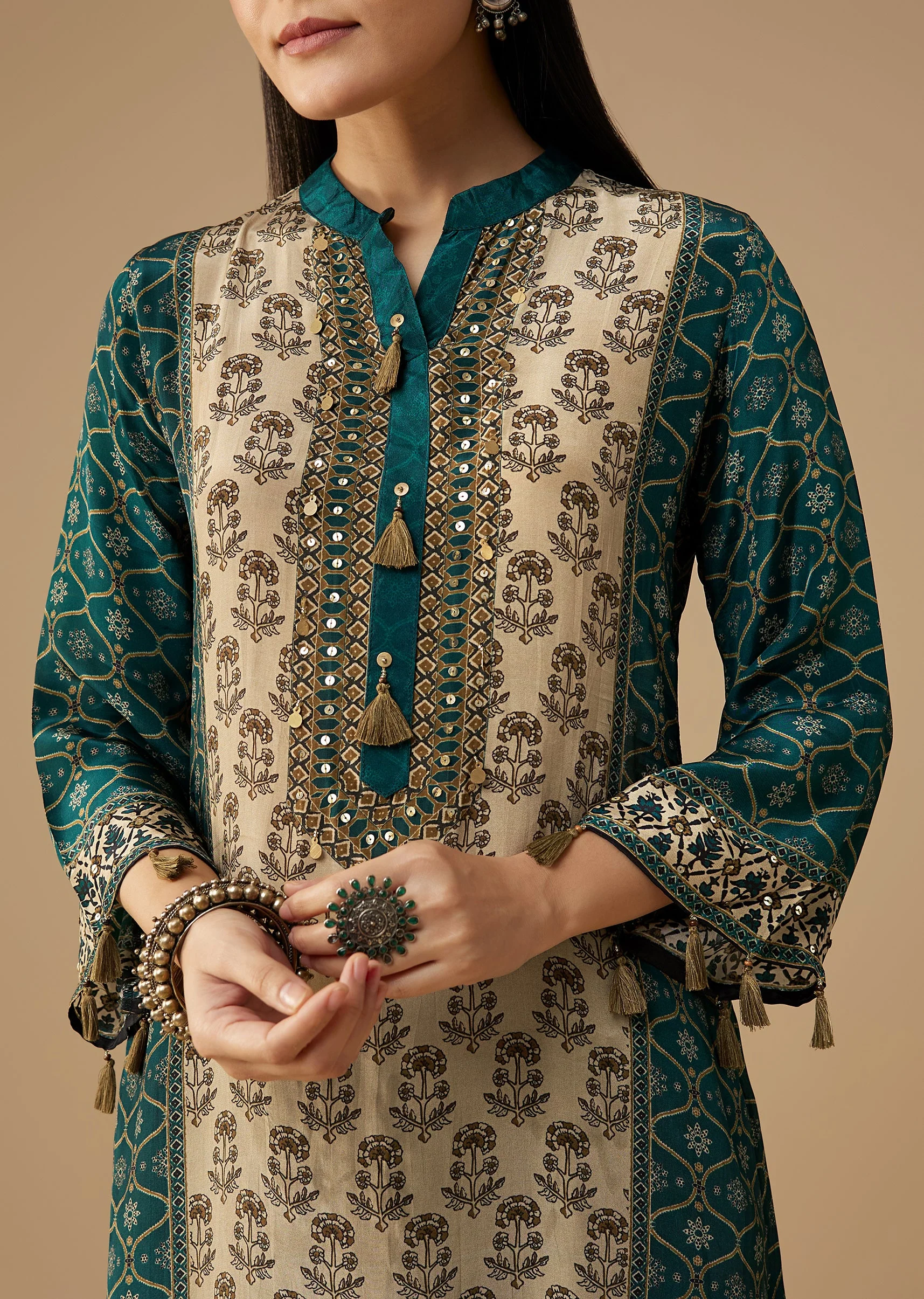 Teal Indie Printed Crepe Kurta Pant Set - Image 2