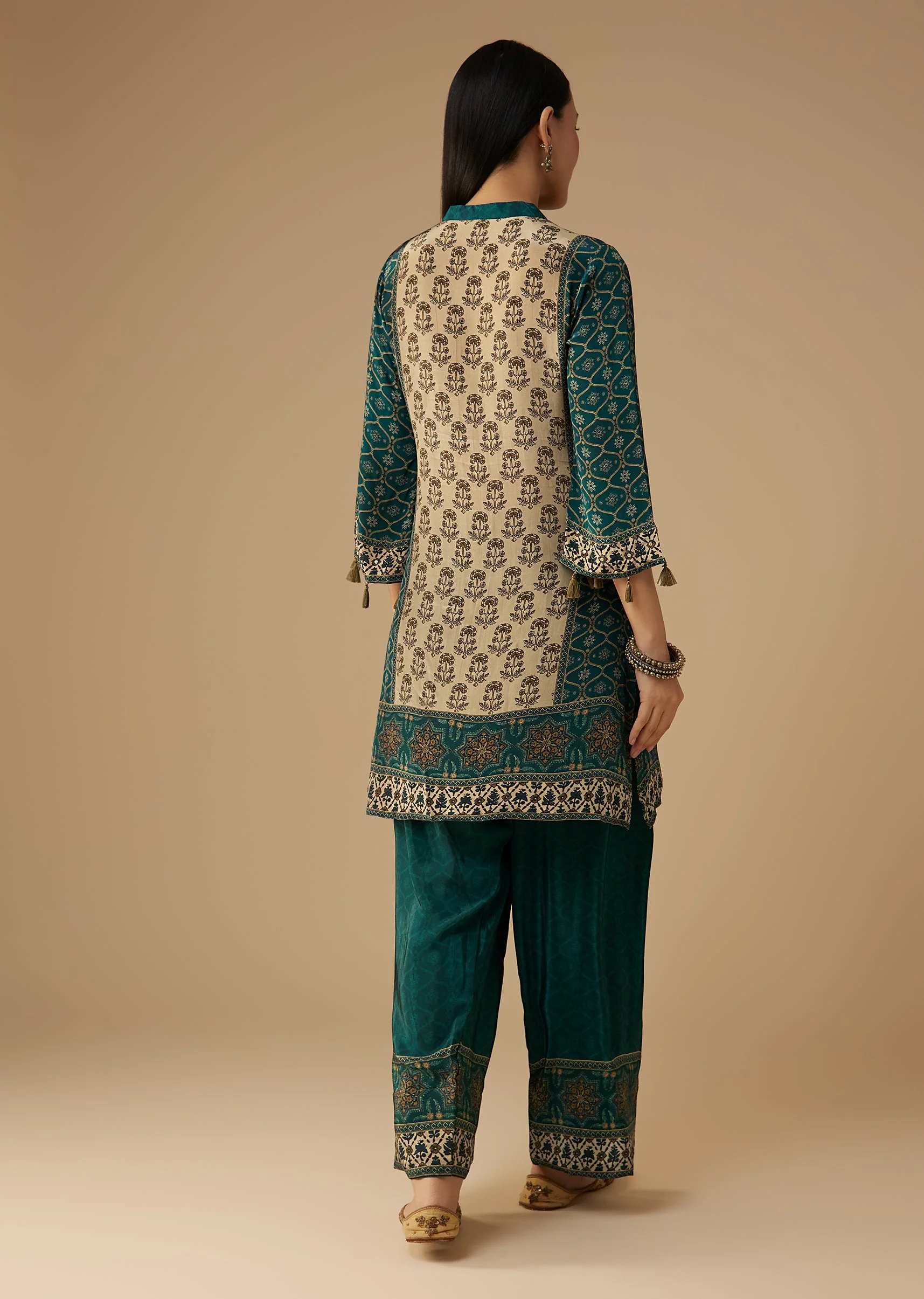 Teal Indie Printed Crepe Kurta Pant Set - Image 5