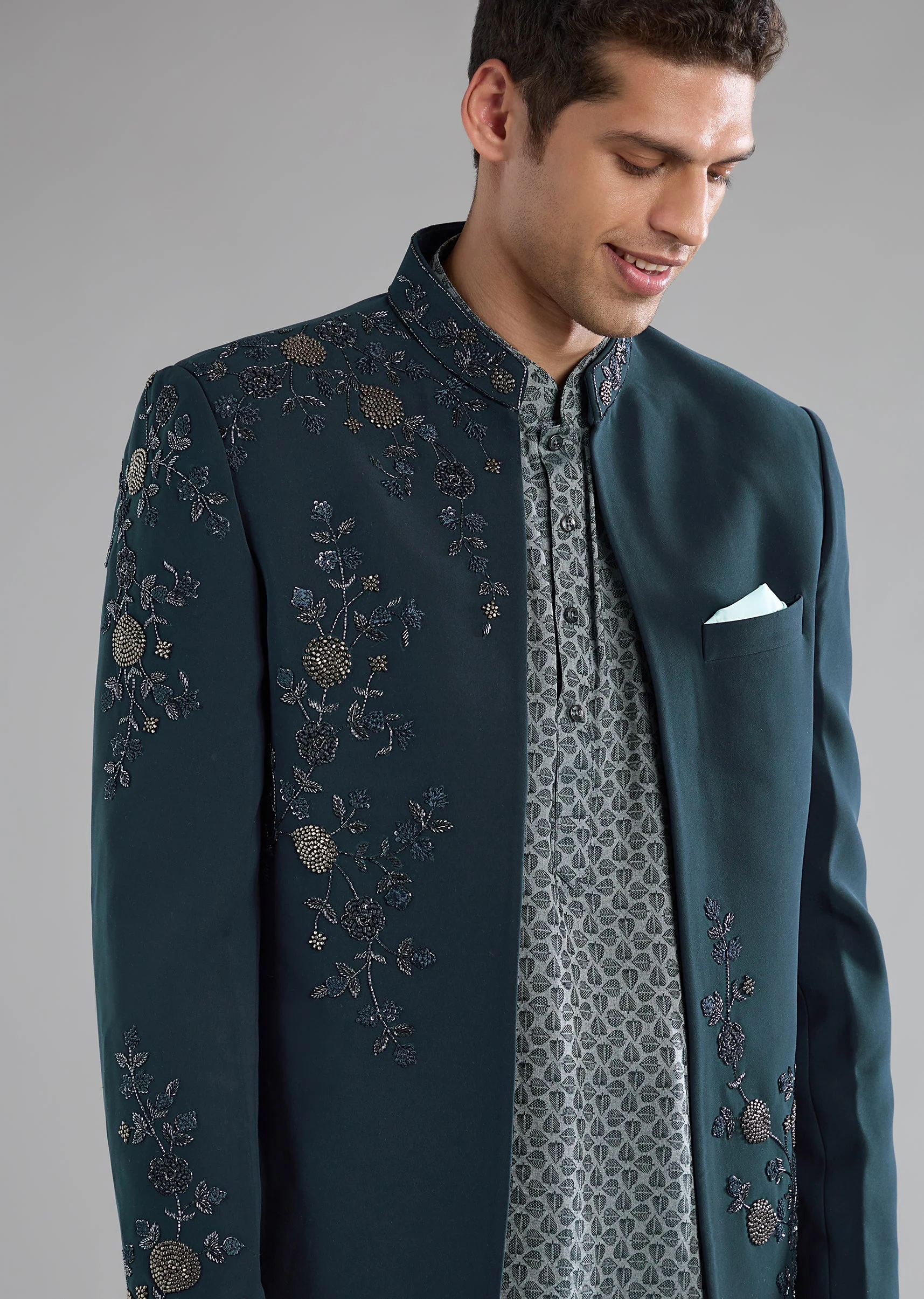 Teal Jodhpuri Kurta Set with Resham Work - Image 2