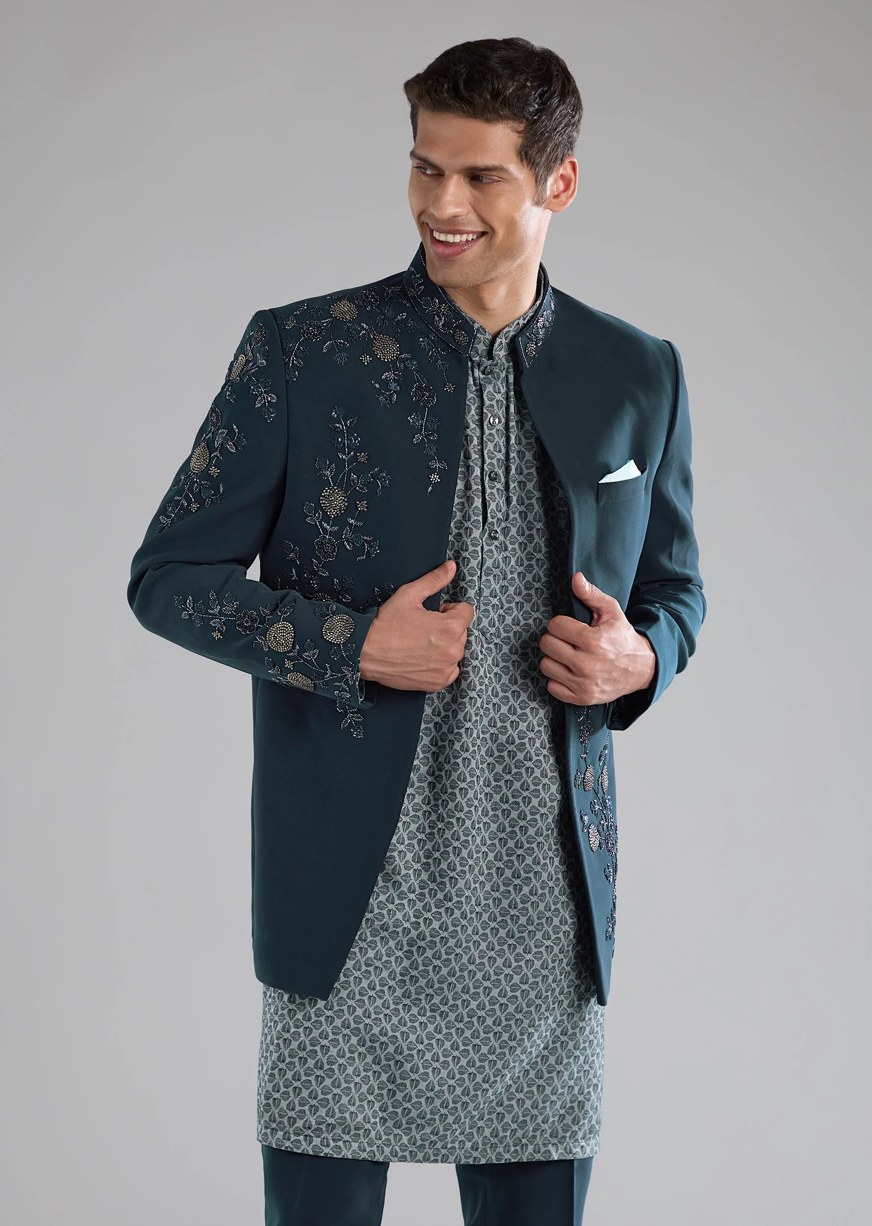 Teal Jodhpuri Kurta Set with Resham Work - Image 4