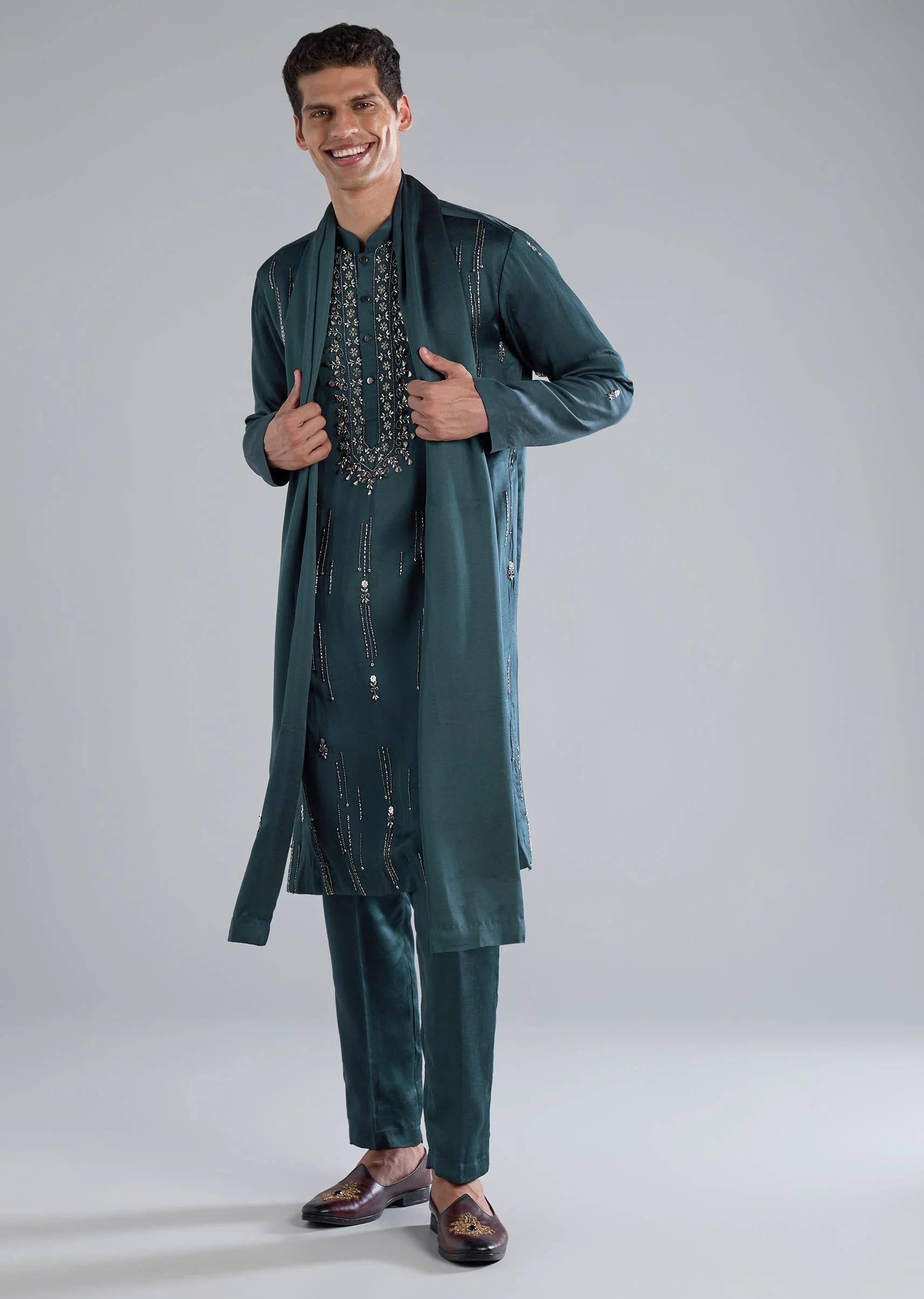 Teal Kurta Set With Hand Embroidery And Cutdana Details