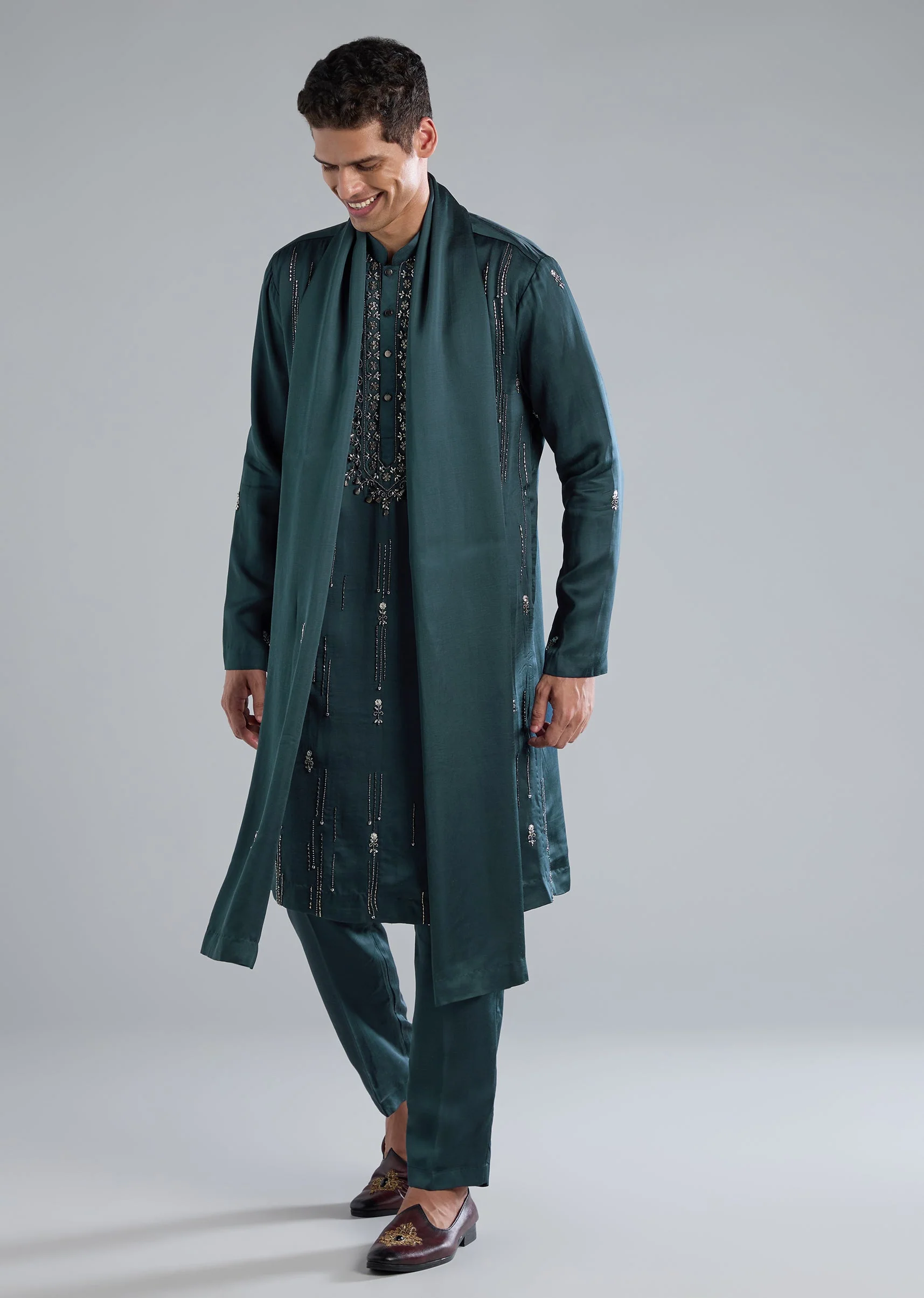 Teal Kurta Set With Hand Embroidery And Cutdana Details - Image 3