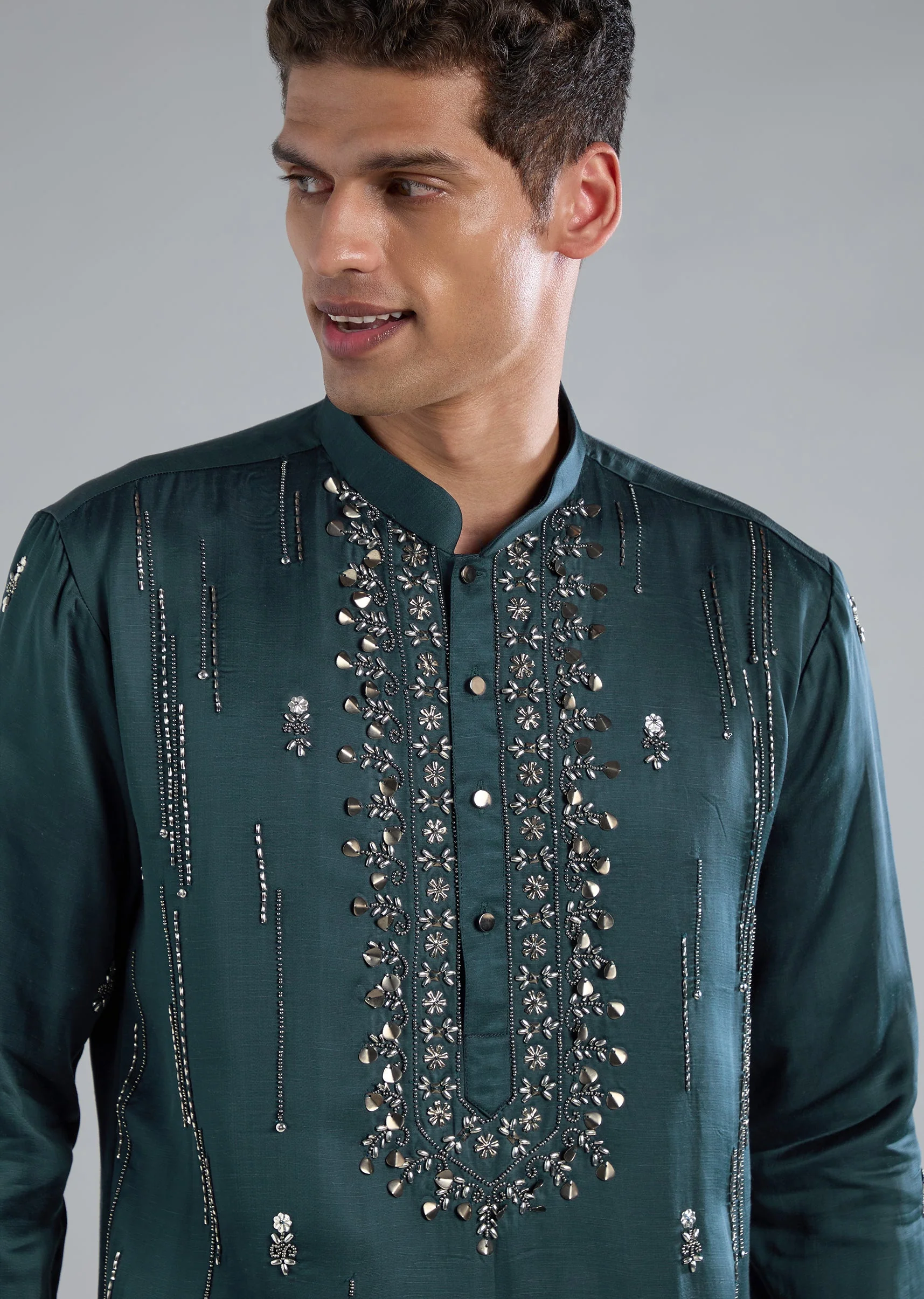 Teal Kurta Set With Hand Embroidery And Cutdana Details - Image 4