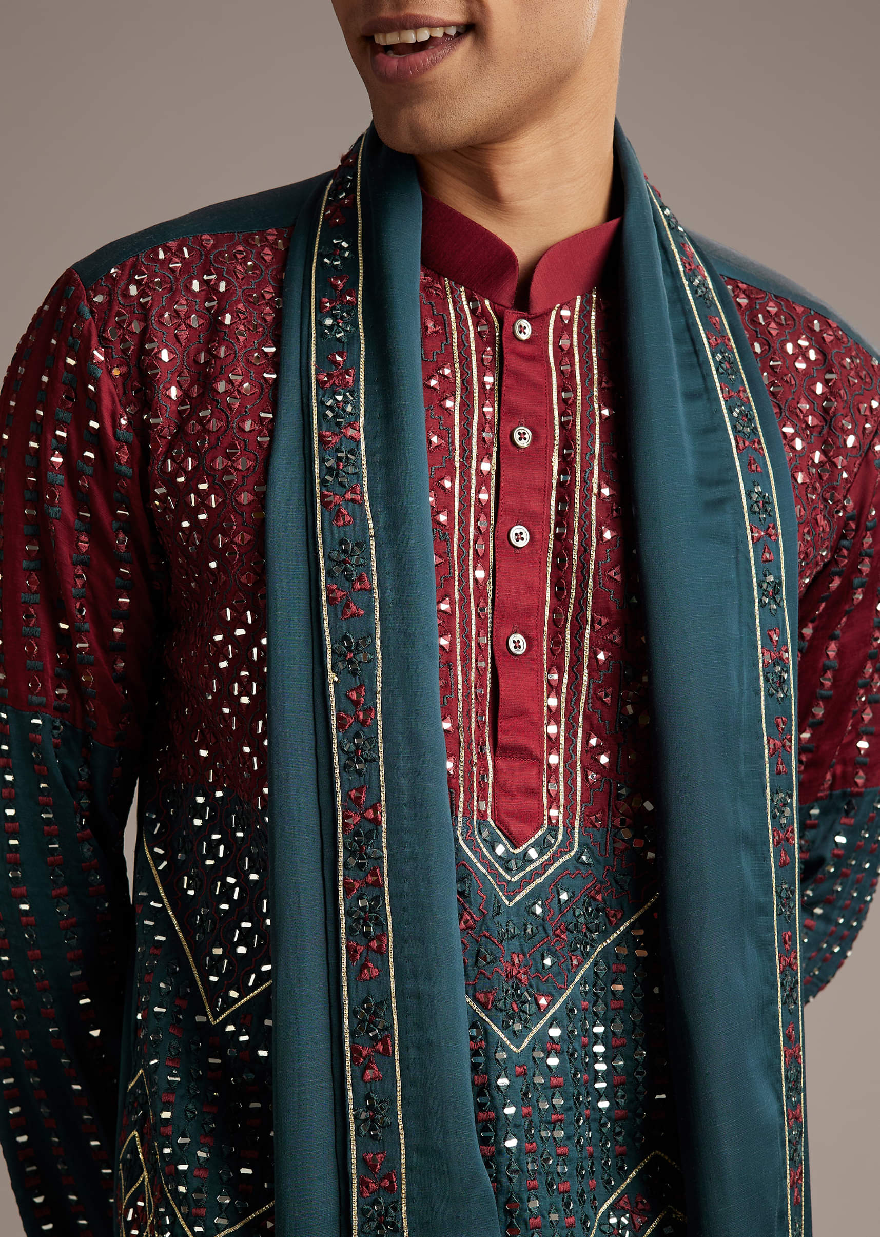 Teal Linen Kurta Set For Men With Mirror Work - Image 2