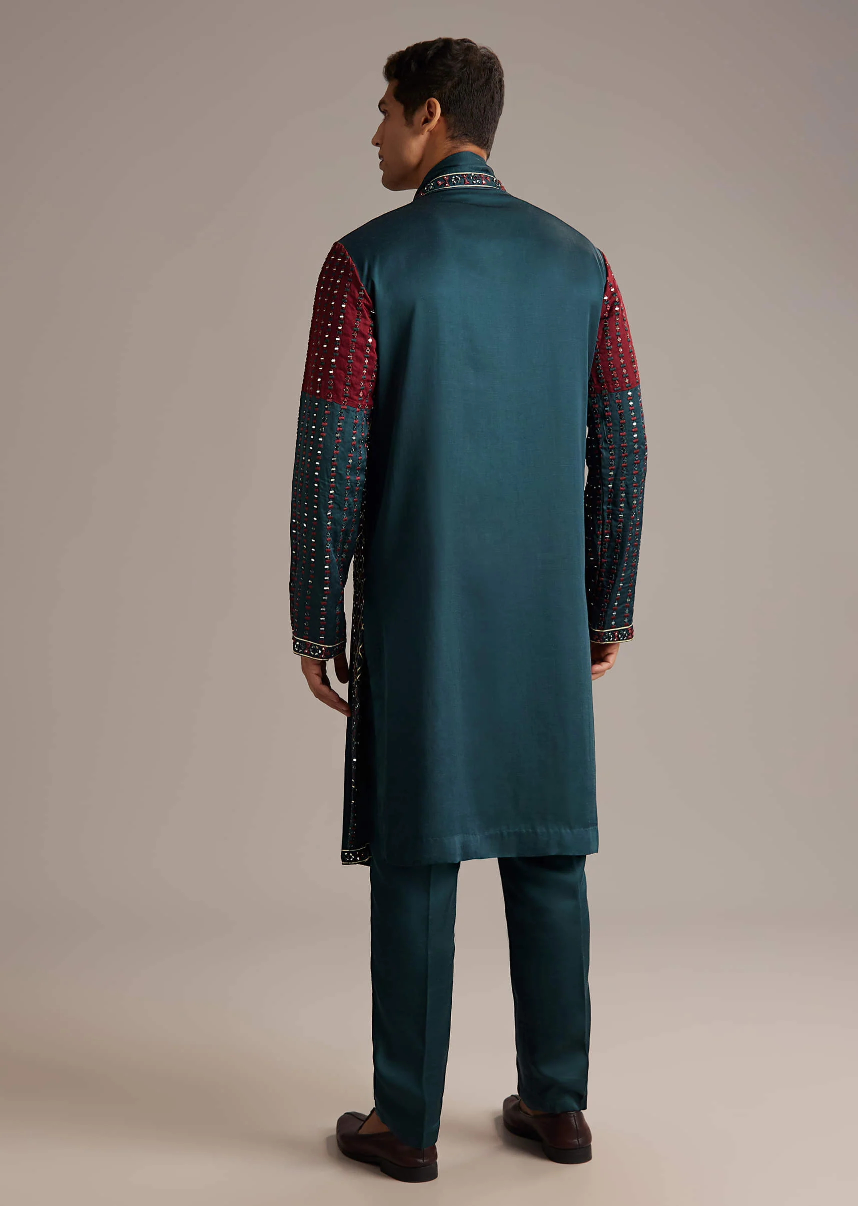 Teal Linen Kurta Set For Men With Mirror Work - Image 5