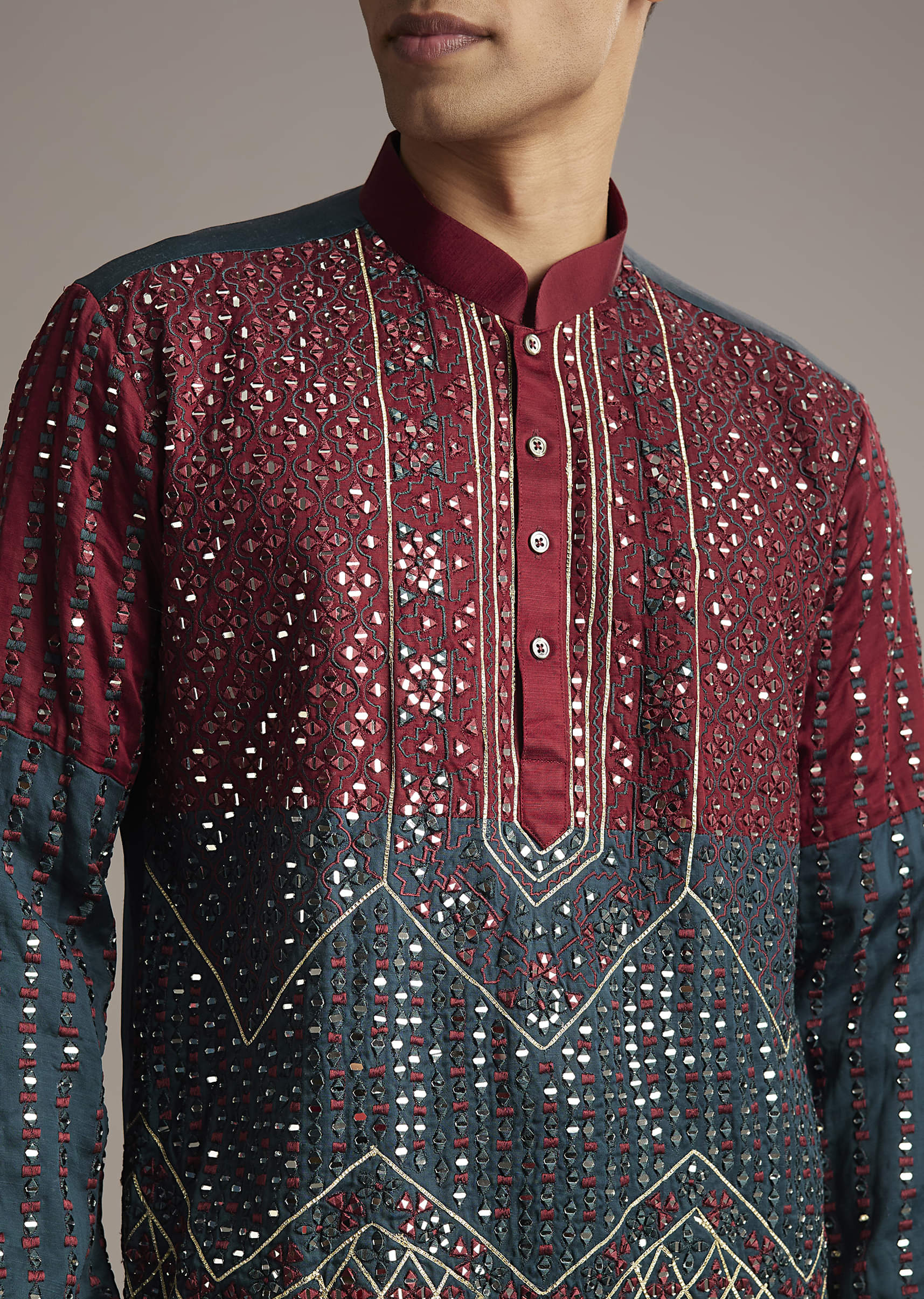 Teal Linen Kurta Set For Men With Mirror Work - Image 6
