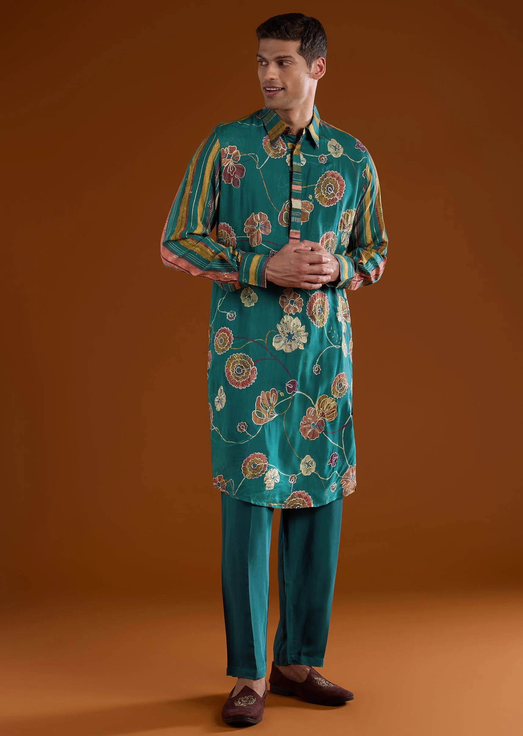 Teal Muslin Mens Kurta Set With Printed Kalamkari