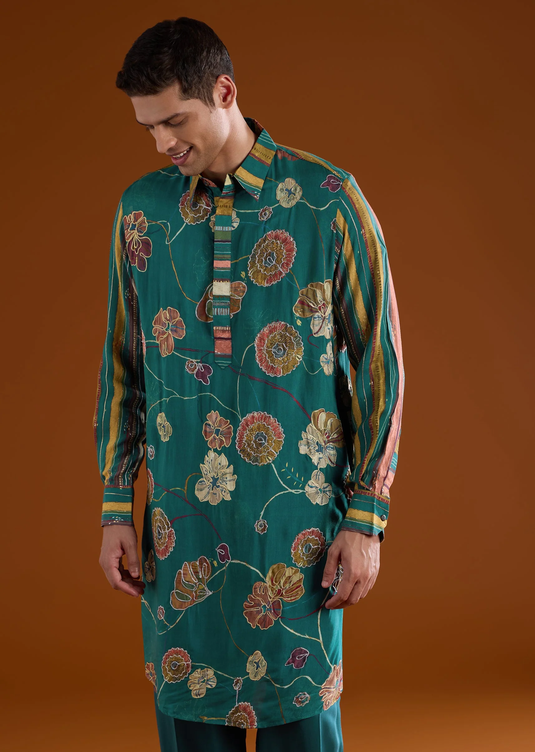 Teal Muslin Mens Kurta Set With Printed Kalamkari - Image 4