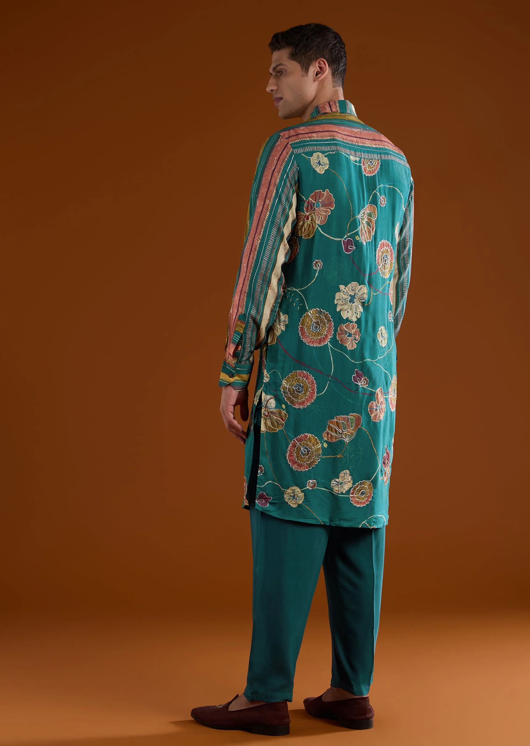 Teal Muslin Mens Kurta Set With Printed Kalamkari - Image 5