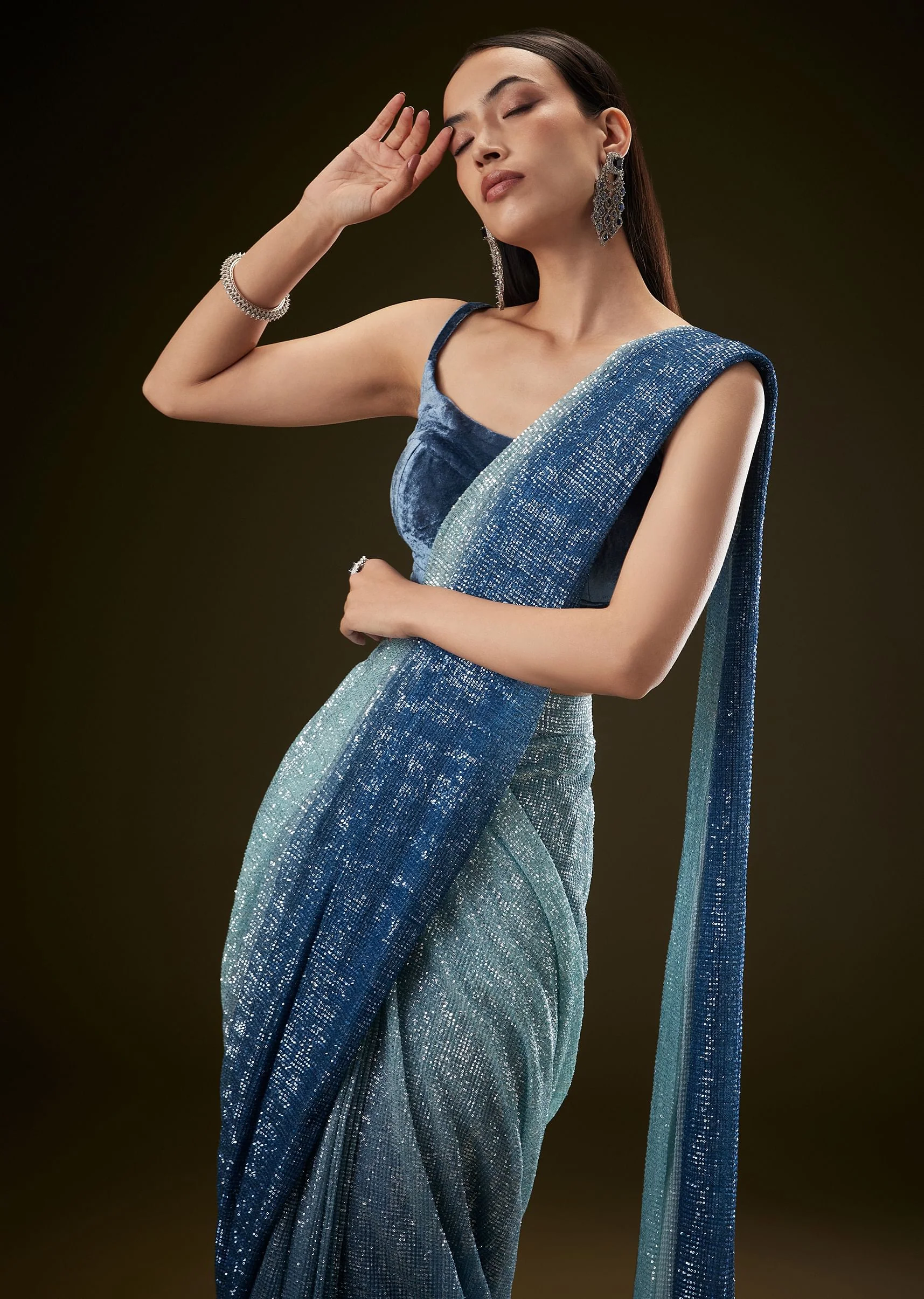 Teal Ombre Sequence Ready To Wear Saree With Velvet Blouse - Image 2