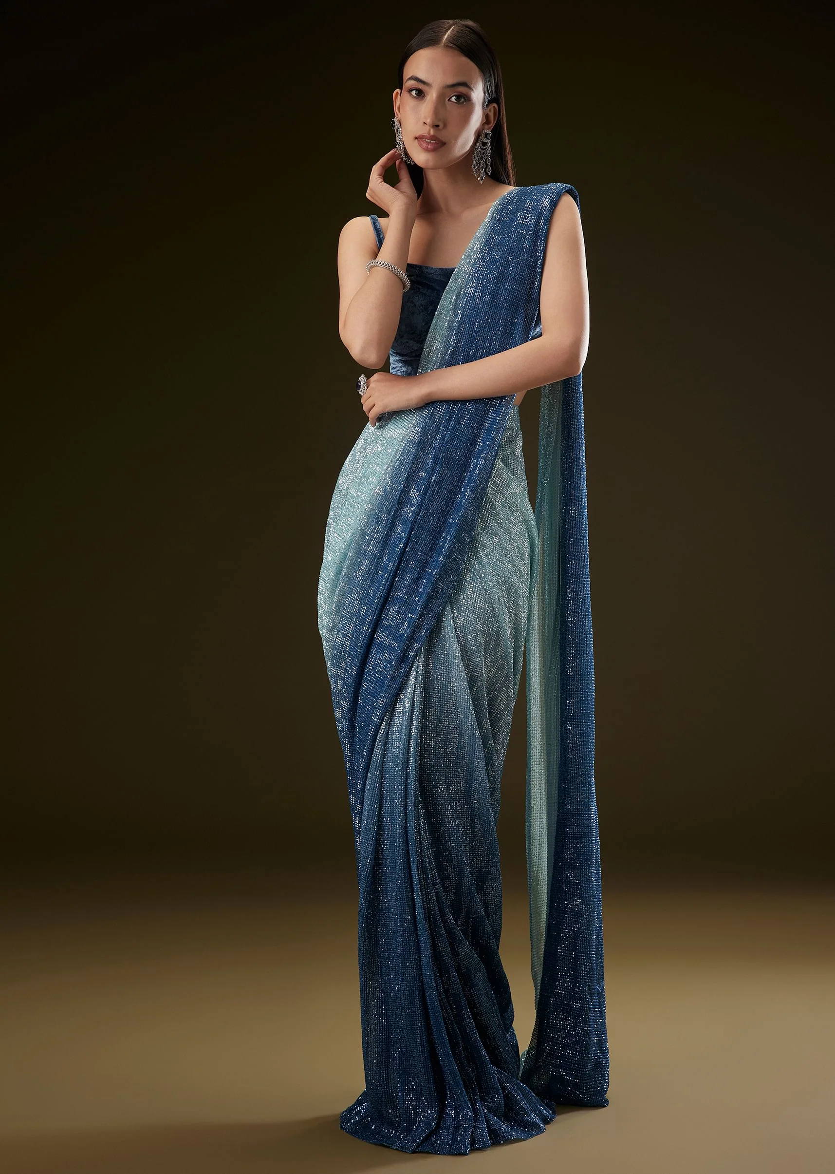 Teal Ombre Sequence Ready To Wear Saree With Velvet Blouse - Image 3