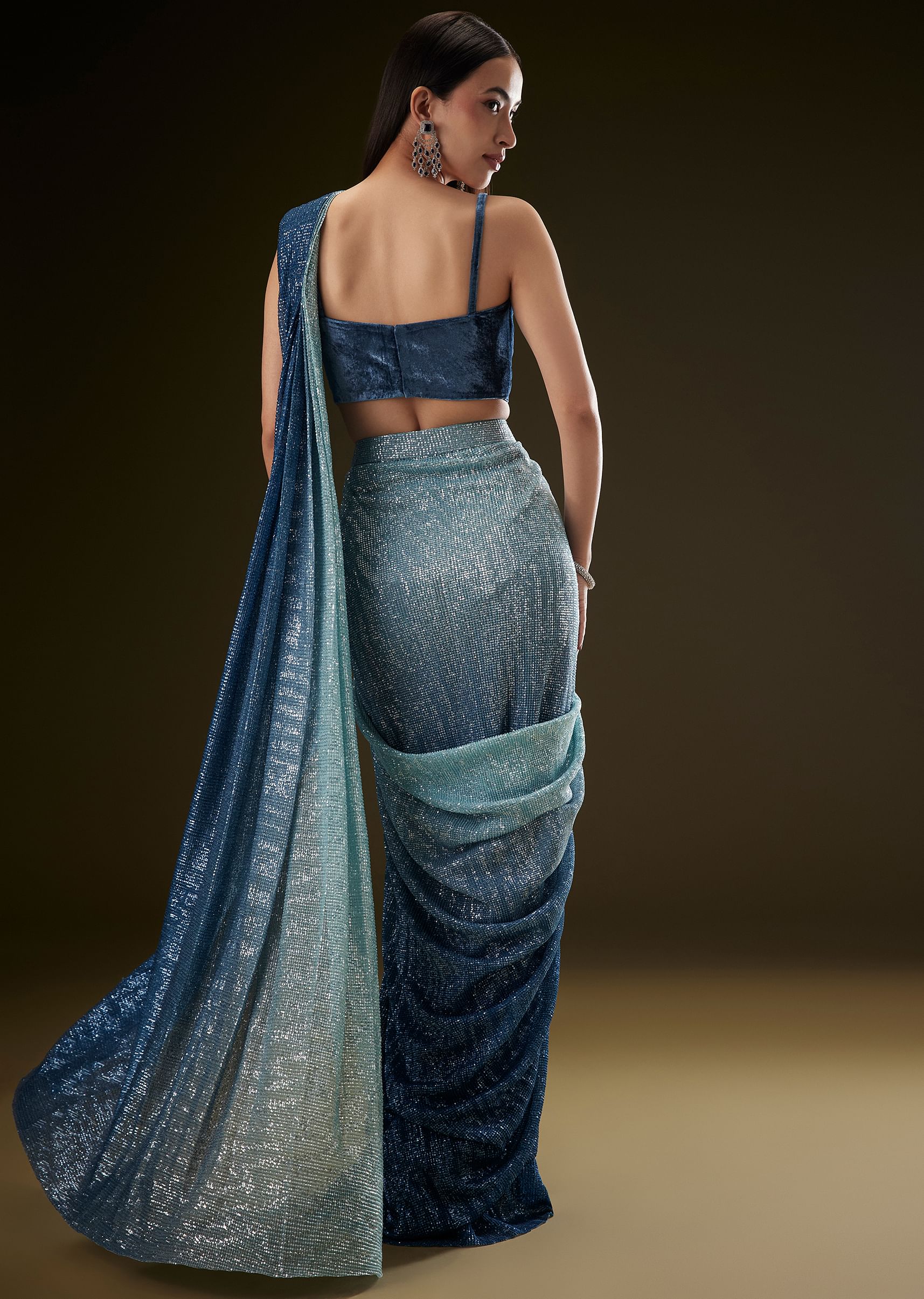 Teal Ombre Sequence Ready To Wear Saree With Velvet Blouse - Image 6