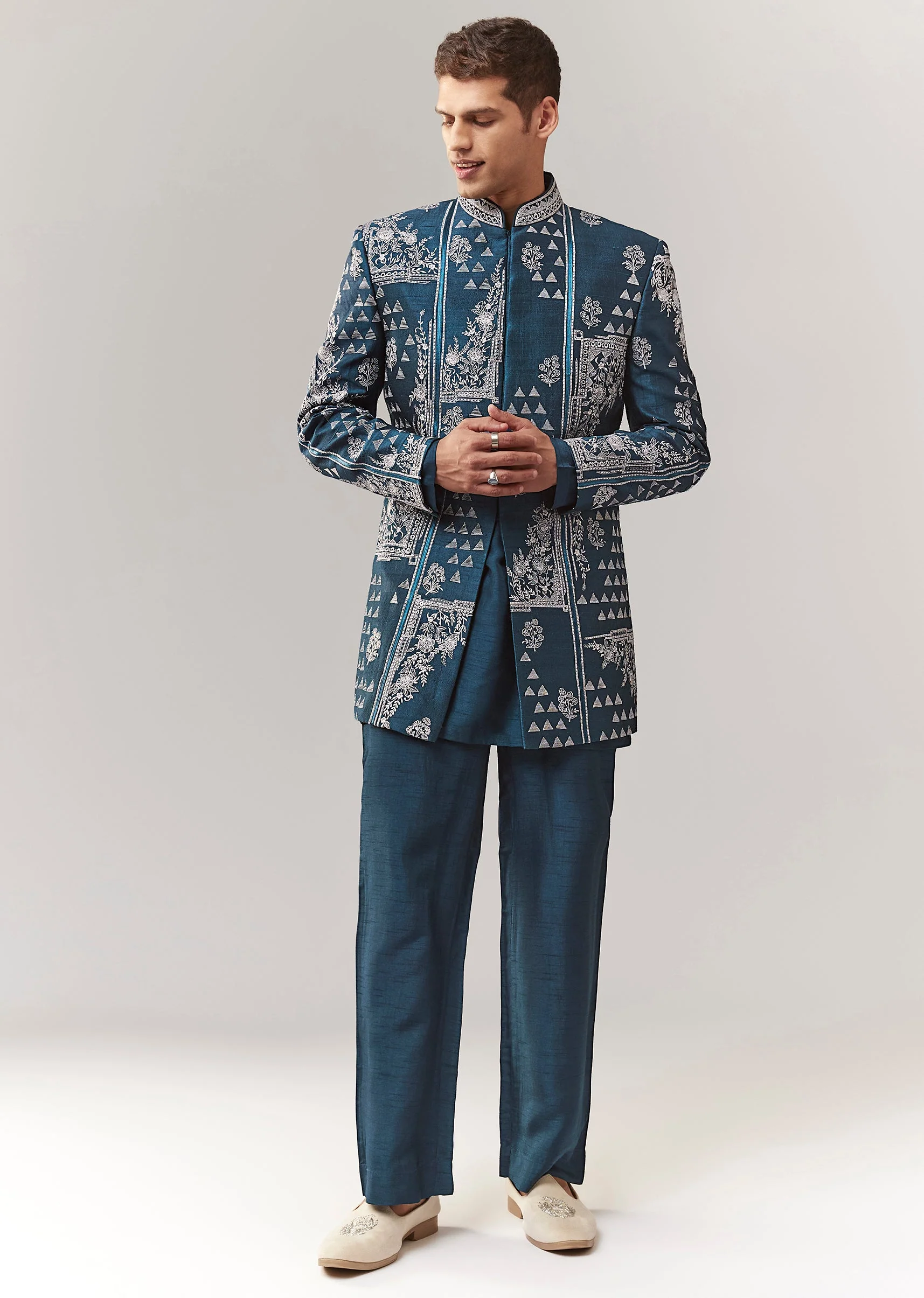 Teal Raw Silk Indo Western With Resham Work