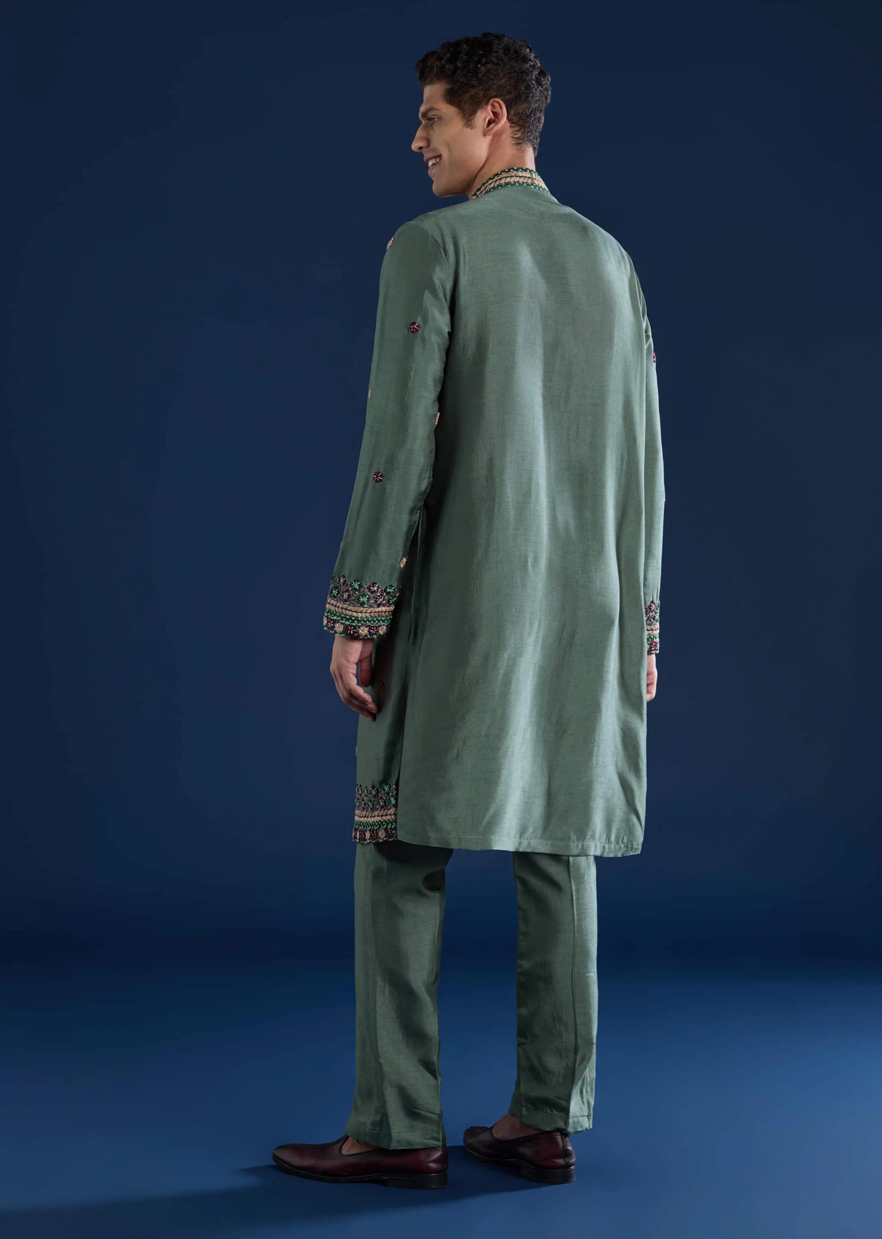 Teal Resham Embroidered Mens Kurta and Pant Set - Image 5