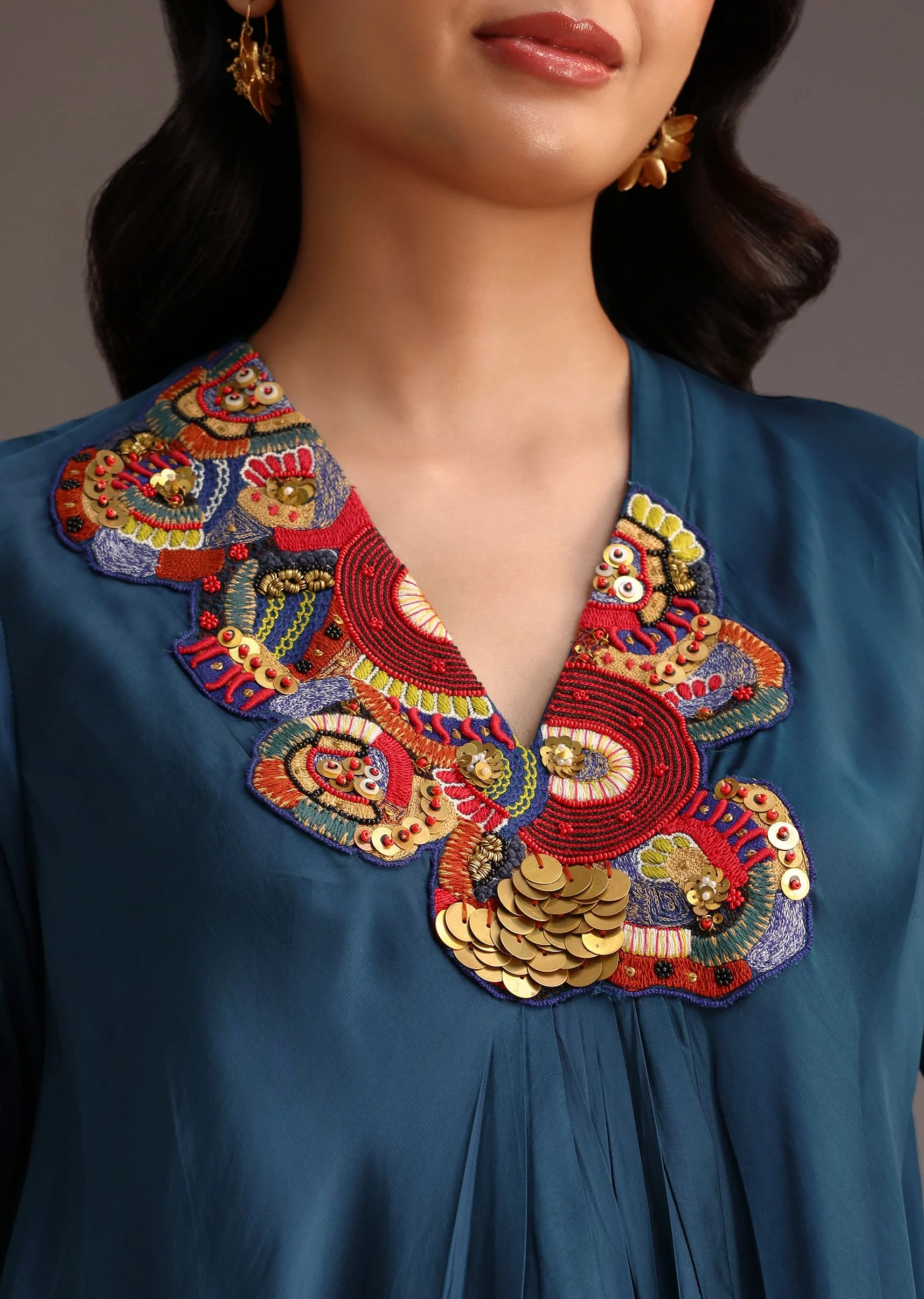 Teal Resham Work Kurti And Bohemian Dhoti - Image 2