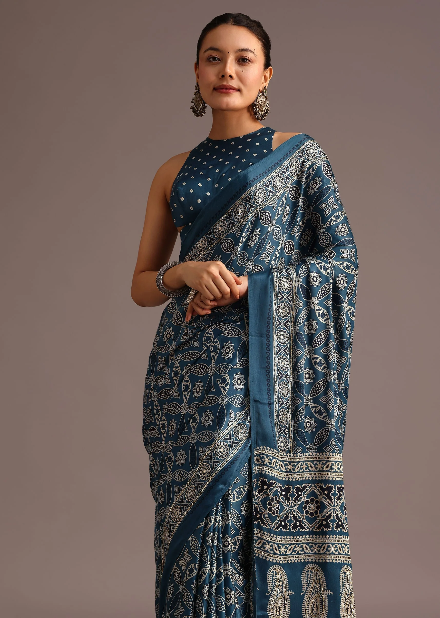 Teal Satin Ajrakh Print Saree With Mirror Embellished Border And Pallu - Image 2