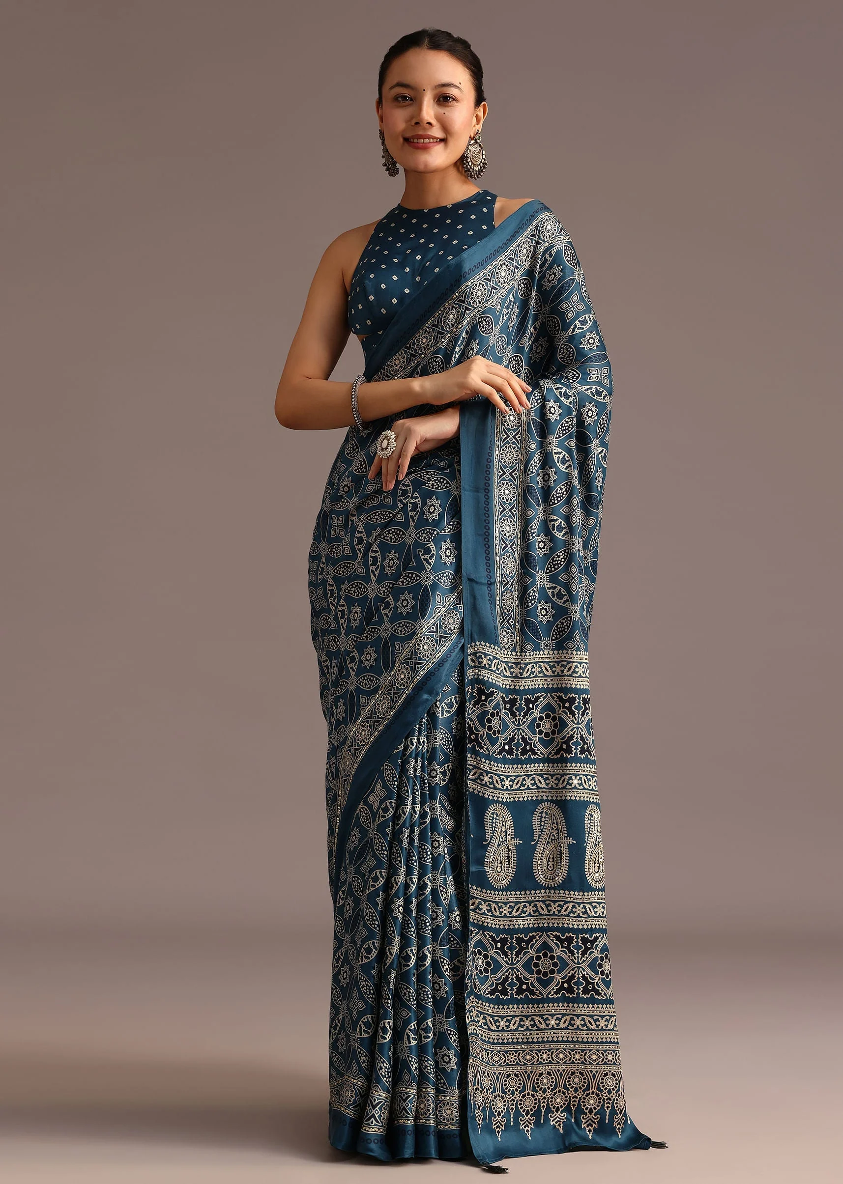 Teal Satin Ajrakh Print Saree With Mirror Embellished Border And Pallu - Image 3